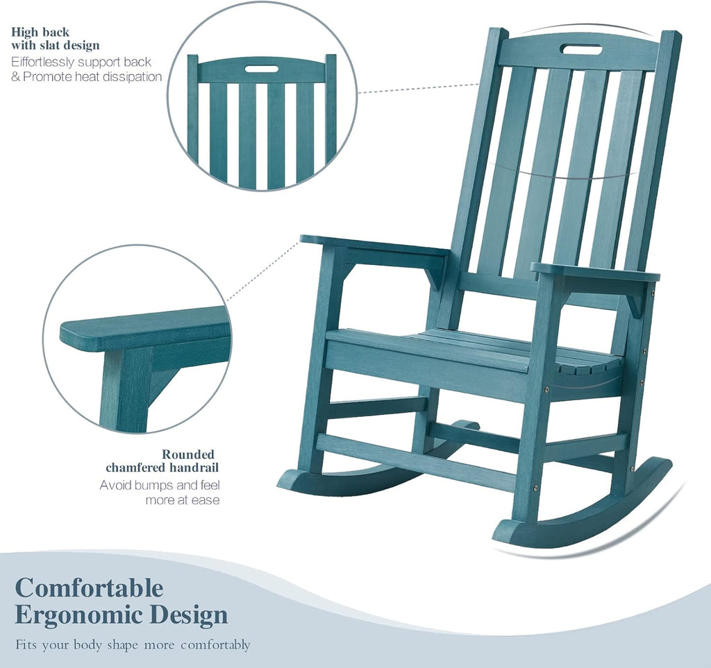 Psilvam Oversized Outdoor Rocking Chair, with 21' Wide Seat and 32' Tall Backrest, Pre-Assembled with Most Components for Effortless Installation (Blue)
