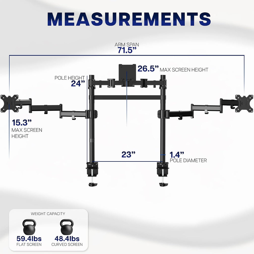 VIVO Clamp-on Dual Pole Triple Monitor Desk Mount for 1 Center Utrawide up to 49 inches and 59.4 lbs, 2 Side Screens up to 38 inches and 17.6 lbs, Low Profile Adjustable Stand, Black, STAND-V300CU