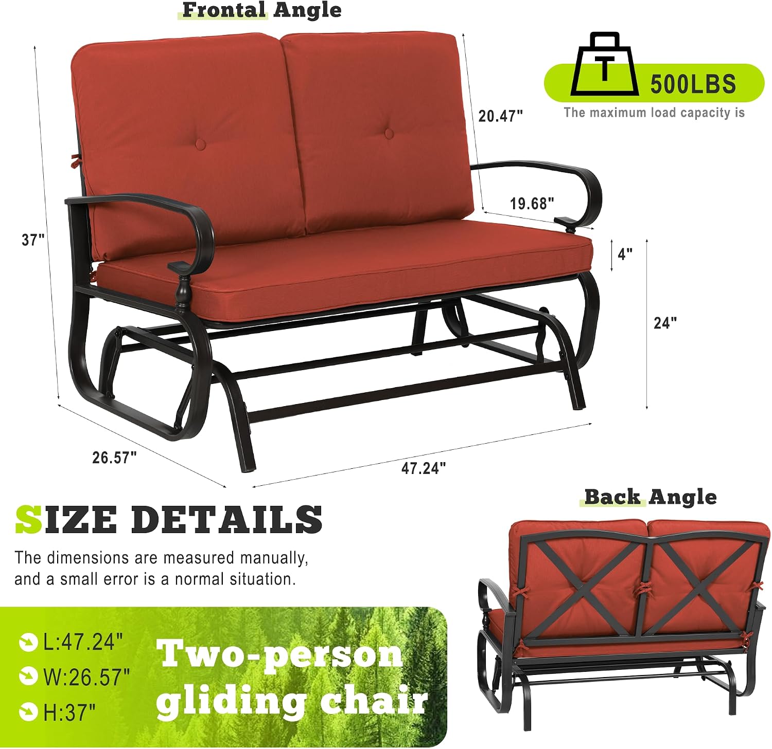 Outdoor Bench Patio Swing Glider Loveseat 2 Seats Rocking Chair, Wrought Iron Gliders for Outside Patio with Cushion (Red)
