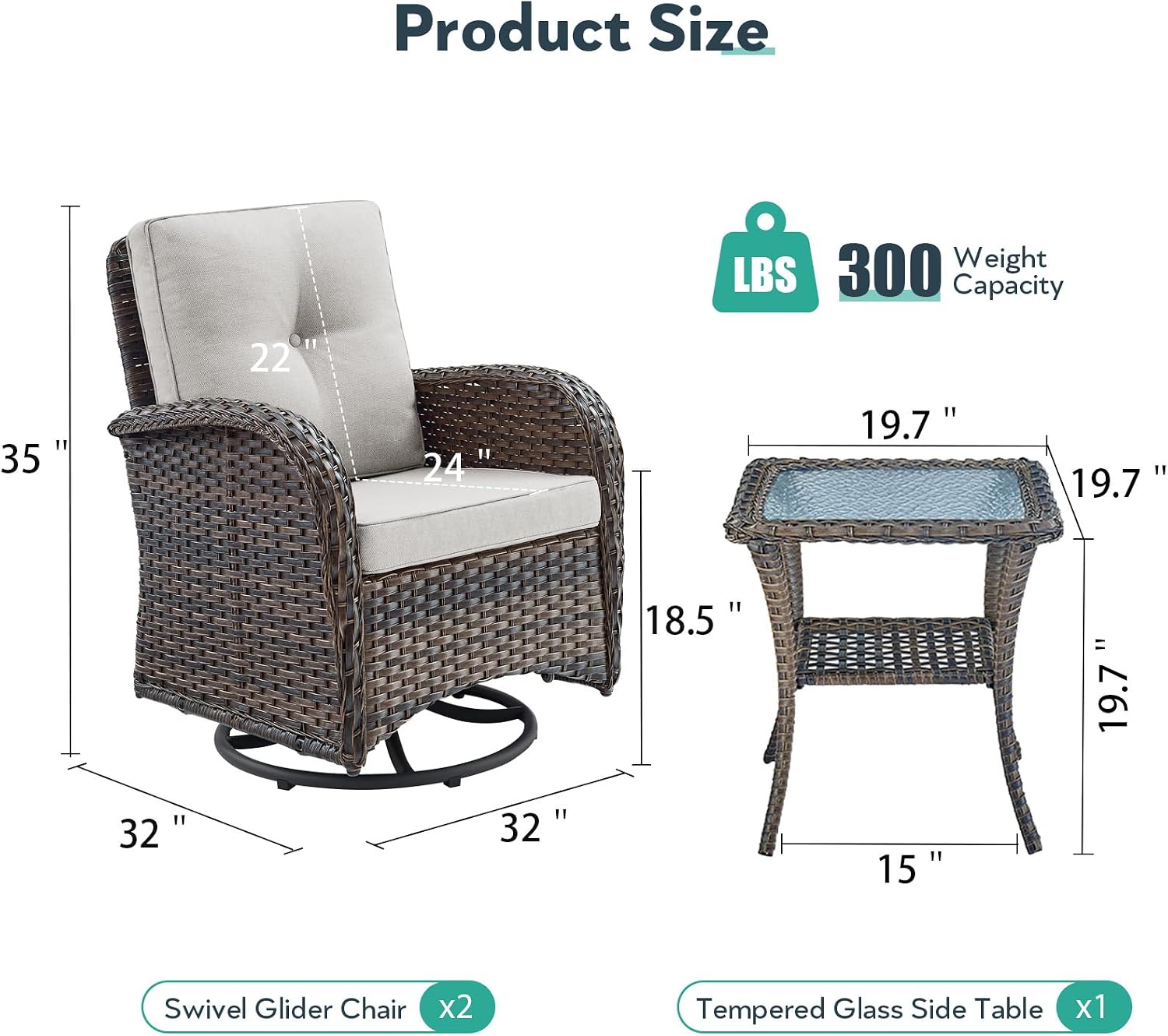Outdoor Swivel Glider Rocker Chairs - 3 Piece Patio Furniture Set, Patio Bistro Sets with Tempered Glass Side Table, for Balcony, Porch - Brown Wicker, Beige Cushion