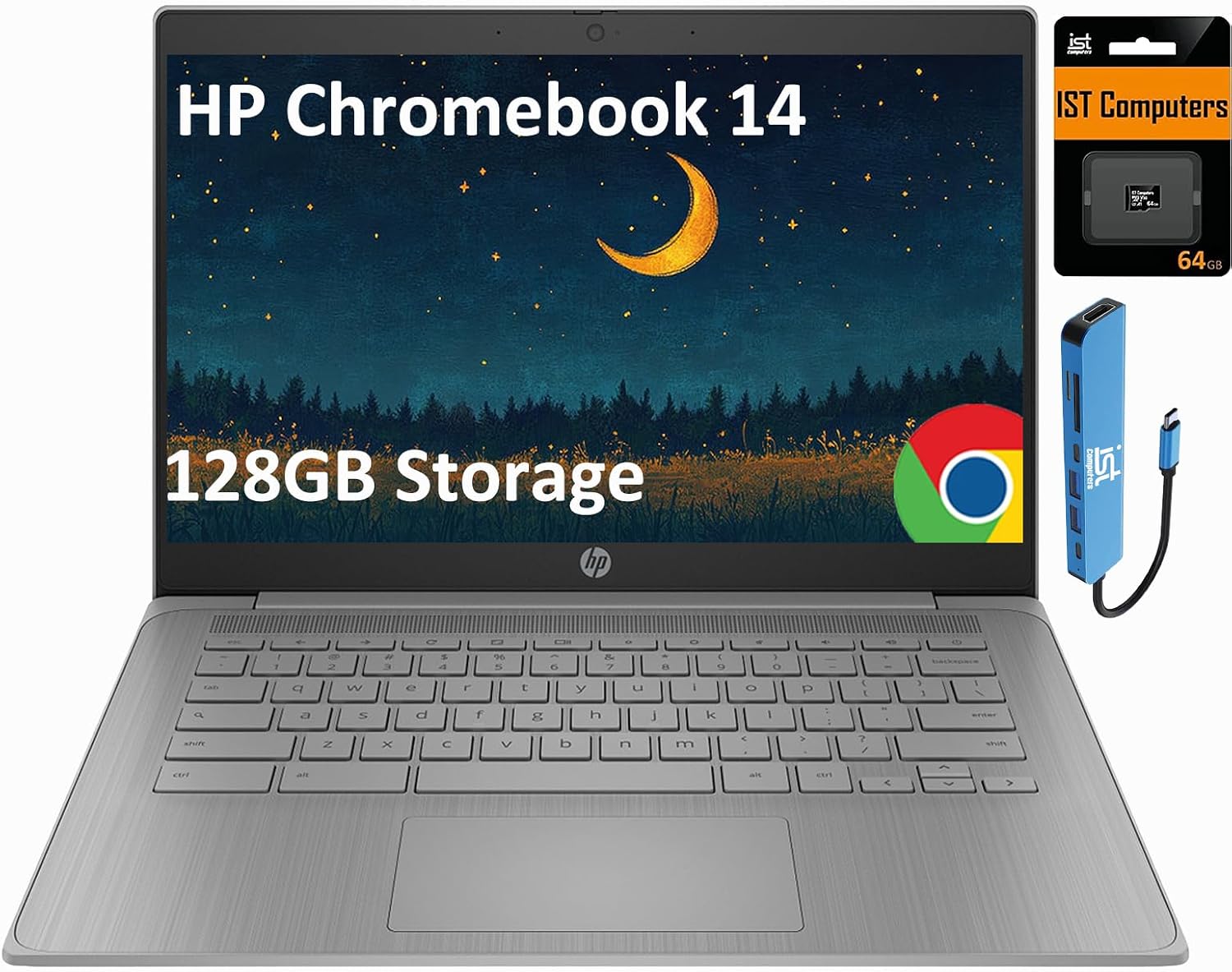 HP Chromebook 14 Laptop (14' Anti-glare, Intel 4-Core Celeron N4120, 4GB RAM, 128GB Storage (64GB+64GB SD)) for Home & Student, Lightweight, 14-Hr Battery Life, Webcam, Wi-Fi, IST HUB, Chrome OS, Grey
