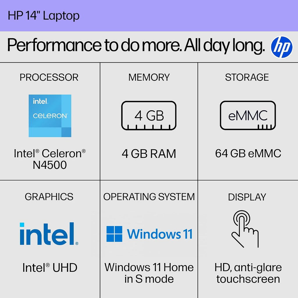 HP 14 inch Laptop, HD Touchscreen Display, Intel Celeron N4500, 4 GB RAM, 64 GB eMMC, Intel UHD Graphics, Windows 11 Home in S Mode, Natural Silver, 14-dq3550nr