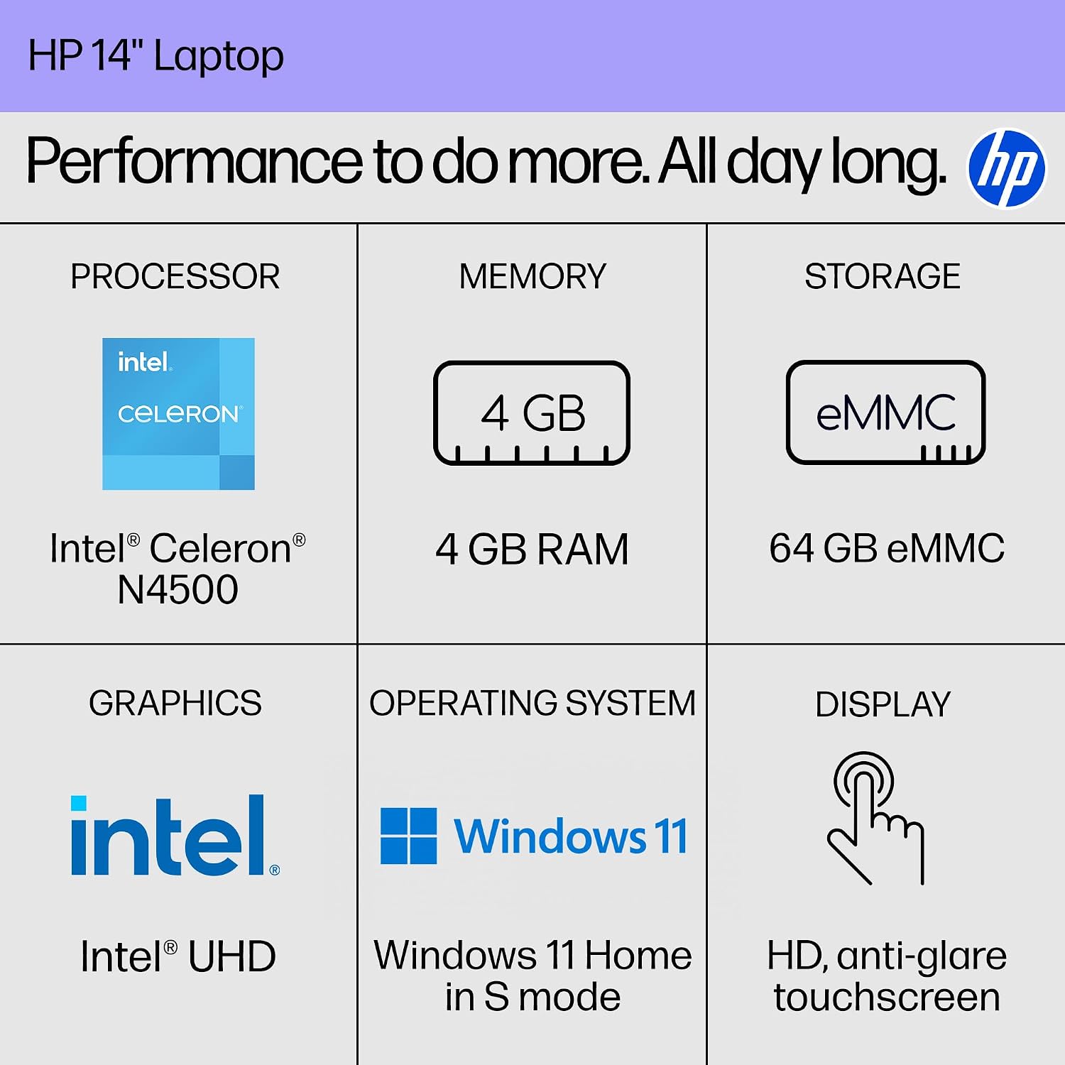 HP 14 inch Laptop, HD Touchscreen Display, Intel Celeron N4500, 4 GB RAM, 64 GB eMMC, Intel UHD Graphics, Windows 11 Home in S Mode, Natural Silver, 14-dq3550nr