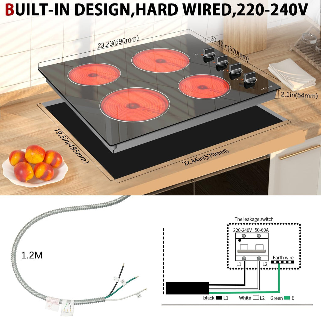 Noxton 24 Inch Electric Cooktop 4 Burners Electric Stove Top, Built-in 24' Radiant Ceramic Cooktop with Knob Control, Hot Surface Indicator, 220-240v,6000W, No Plug, Hard Wire