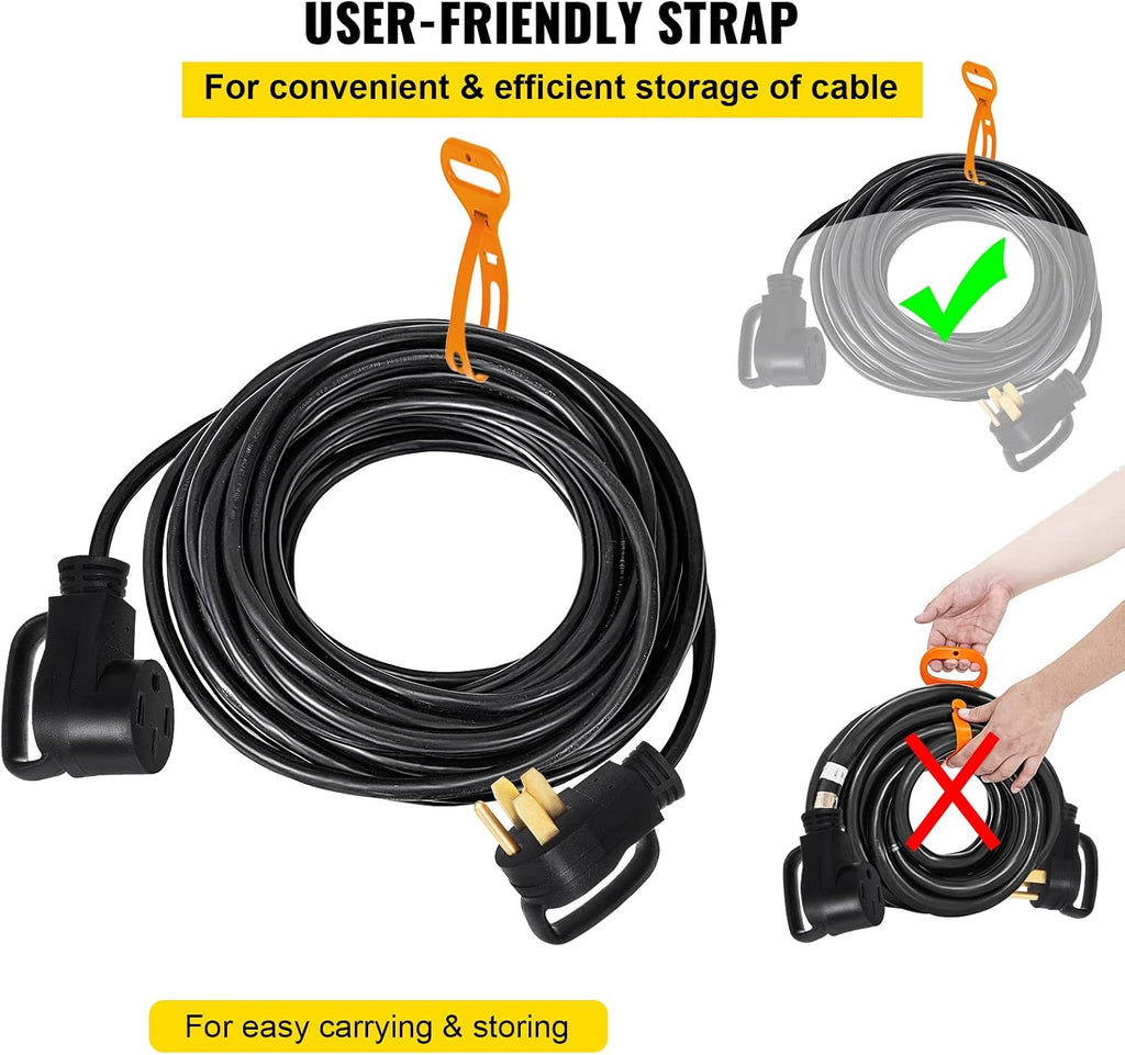 VEVOR 50FT 50Amp RV Extension Cord NEMA N14-50P to N14-50R, 125 / 250V Heavy Duty STW 6/3+ 8/1 RV Power Cord, for EV Charging and RV Trailer Campers