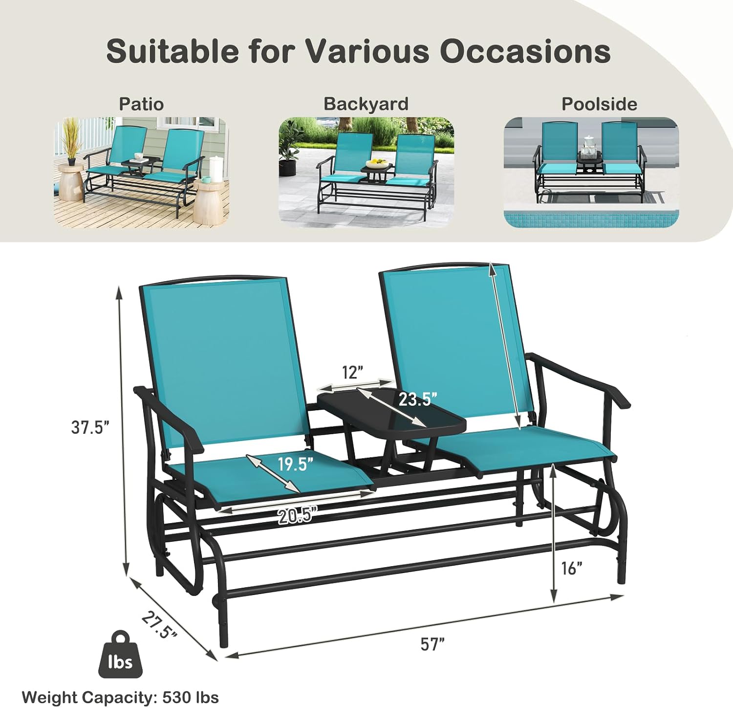 Tangkula 2 Person Swing Glider Chair, Patio Rocking Loveseat w/Center Tempered Glass Table, Outdoor Swing Bench w/Steel Frame & Breathable Mesh Fabric for Porch, Balcony, Poolside (Turquoise)