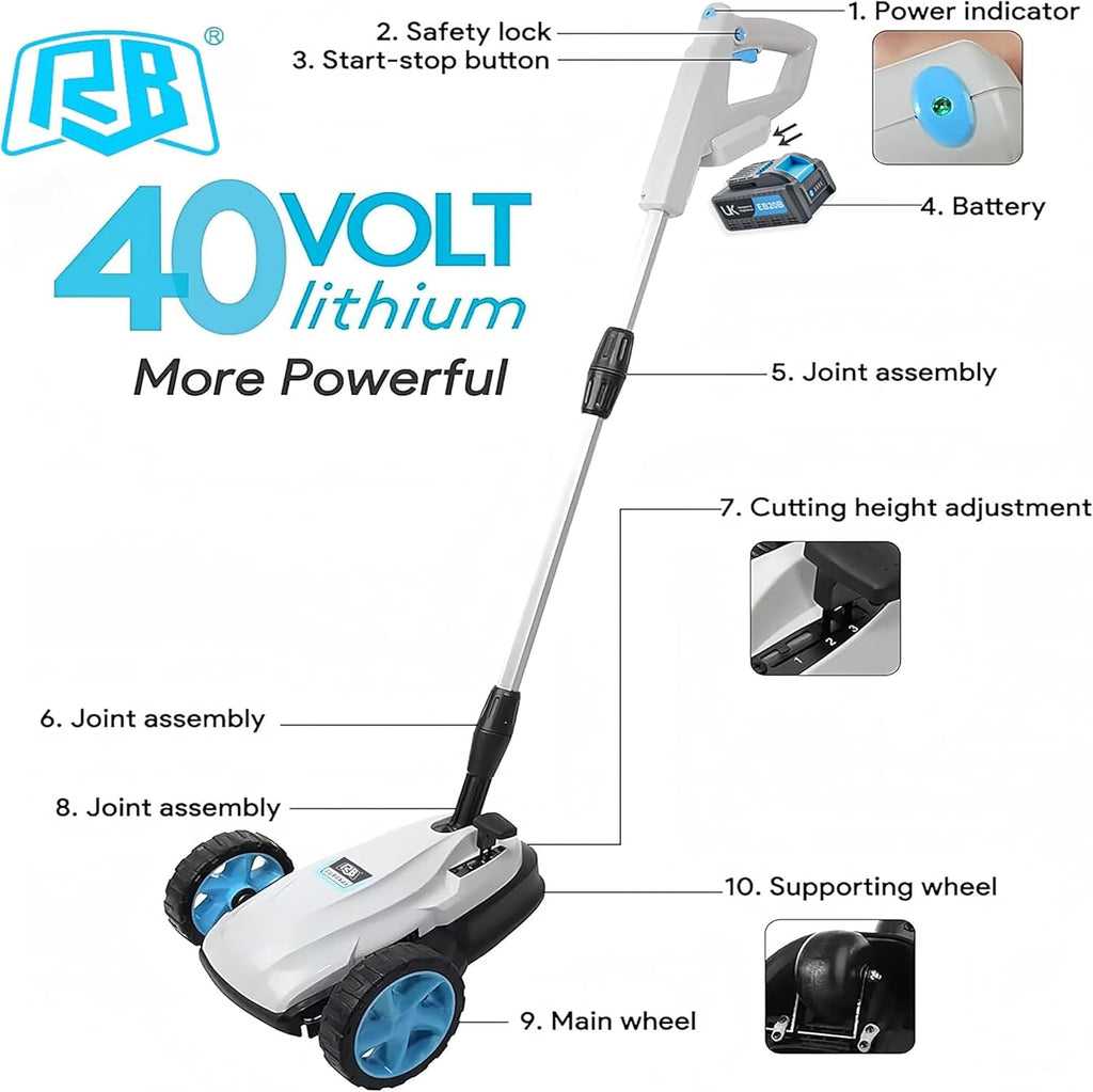 RB 9' Small Lawn Mower for Small Spaces, 40V 2Ah Battery & Charger, Ultra-Light Mini Cordless Lawn Mower with Brushless Motor, 3 Cutting Heights, One-Hand Steering, Upright Storage for Tiny Yards