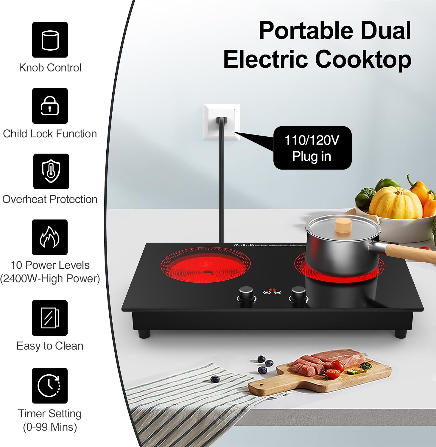 2 Burner Ceramic Cooktop, 2400W 110V Built-in or Countertop Electric Cooktop with Touch Screen & Knob Control, 10 Heat Settings, Child Lock, Timer, Overheat Protection.
