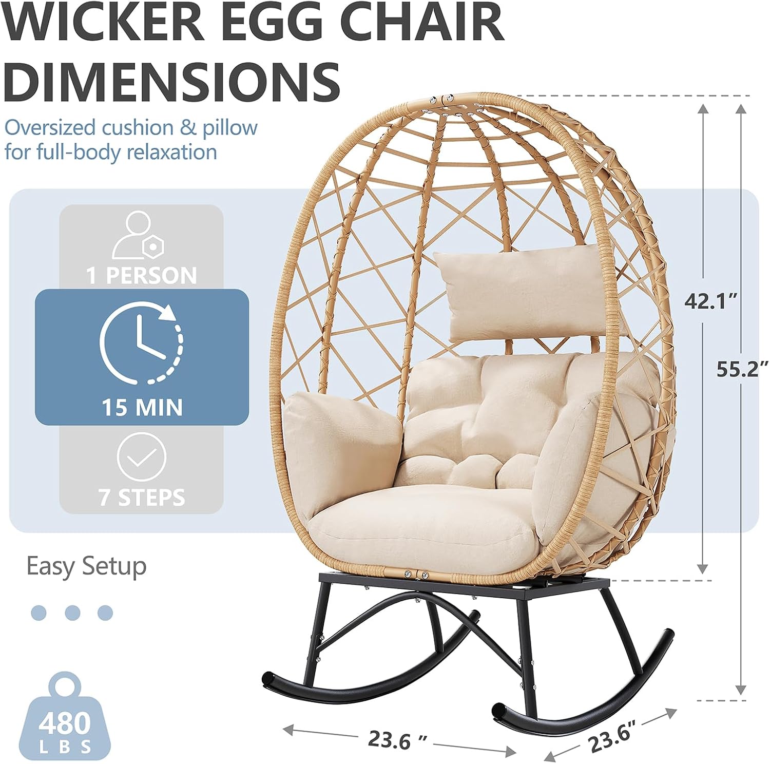 SWITTE Wicker Egg Rocking Chair Outdoor, Oversized Patio Lounge Chairs with Cushion for Indoor Living Room, Bedroom, Outside Backyard Balcony-Beige