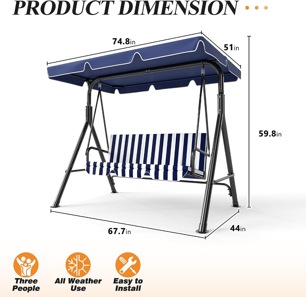 GARTOO 3-Seat Patio Swing Chair, Outdoor Porch Swing with Adjustable Canopy and Durable Steel Frame for Patio, Garden, Poolside(Nevy Blue)