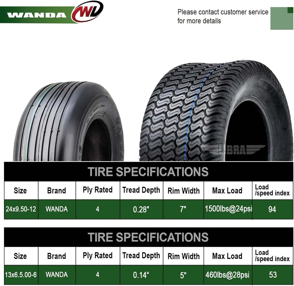 WANDA Set 4 Zero-Turn Lawn Mower Turf Tires 13x6.5-6 Front & 24x9.5-12 Rear /4PR -13081/13050