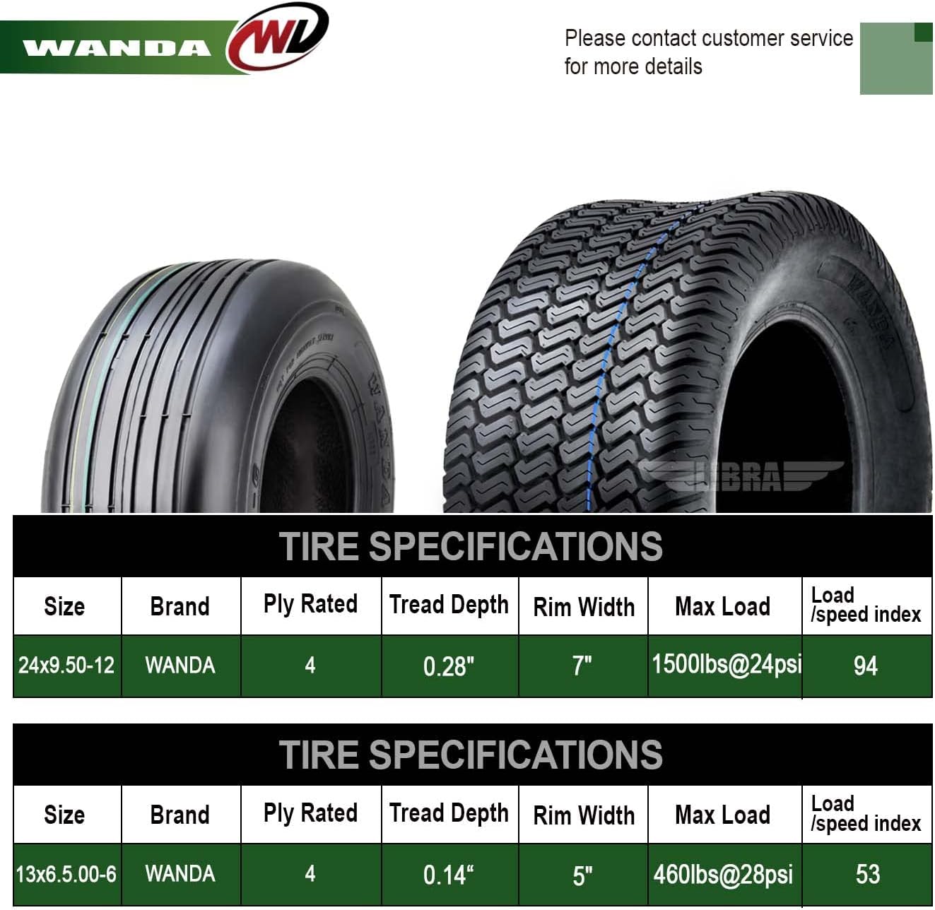 WANDA Set 4 Zero-Turn Lawn Mower Turf Tires 13x6.5-6 Front & 24x9.5-12 Rear /4PR -13081/13050