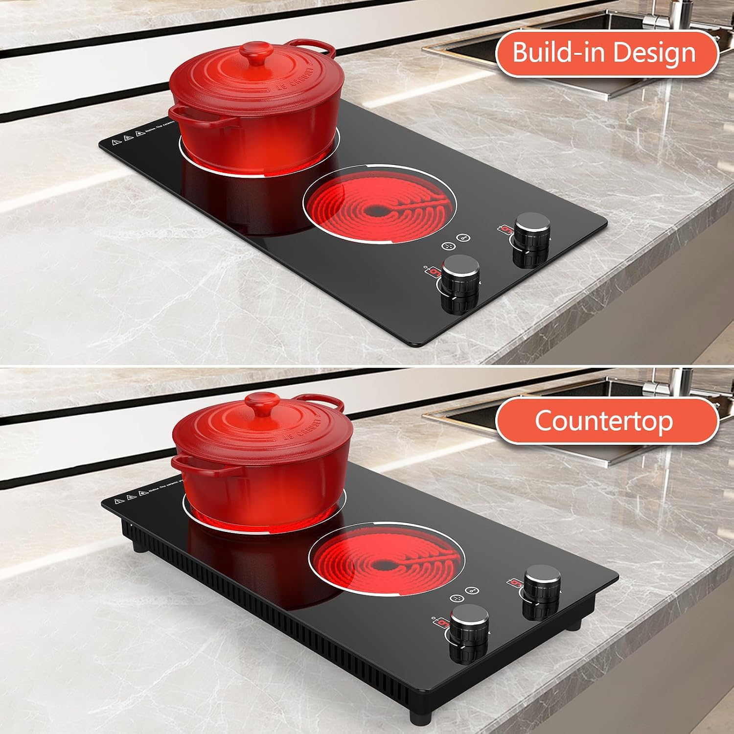 110v Electric Cooktop 2 Burners, 12'' Electric Stove Top with Plug in, Knob Control Countertop & Built-in Ceramic Cooktop, 9 Power Levels, Child Lock, Timer, Over-Heat Protection