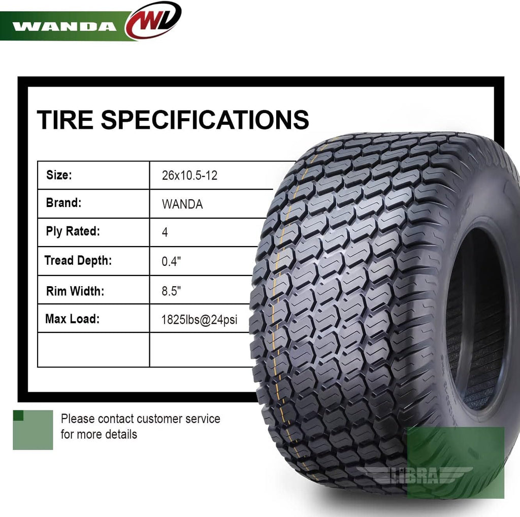 WANDA 26X10.5-12 Lawn Mower Tractor Cart Turf Tires 4 Ply 26x10.5x12 -Set 2-13055