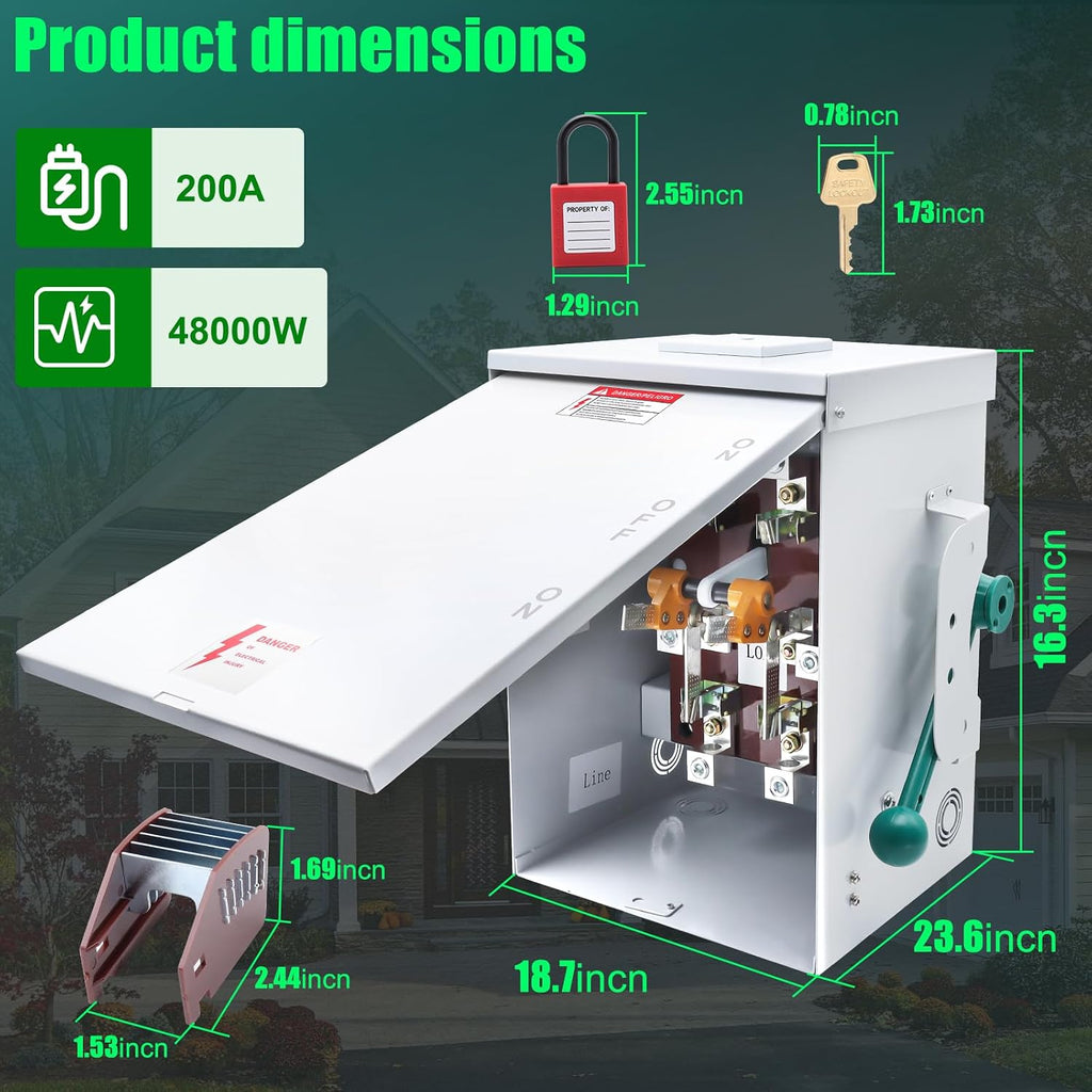 200A Generator Transfer Switch General Duty Double-Throw Safety Switch 48000W, 120/240-Volt 200 Amps Manual Transfer Switch Compact Design NEMA 3R Rainproof Non-fusible Two-Pole Three-Wire