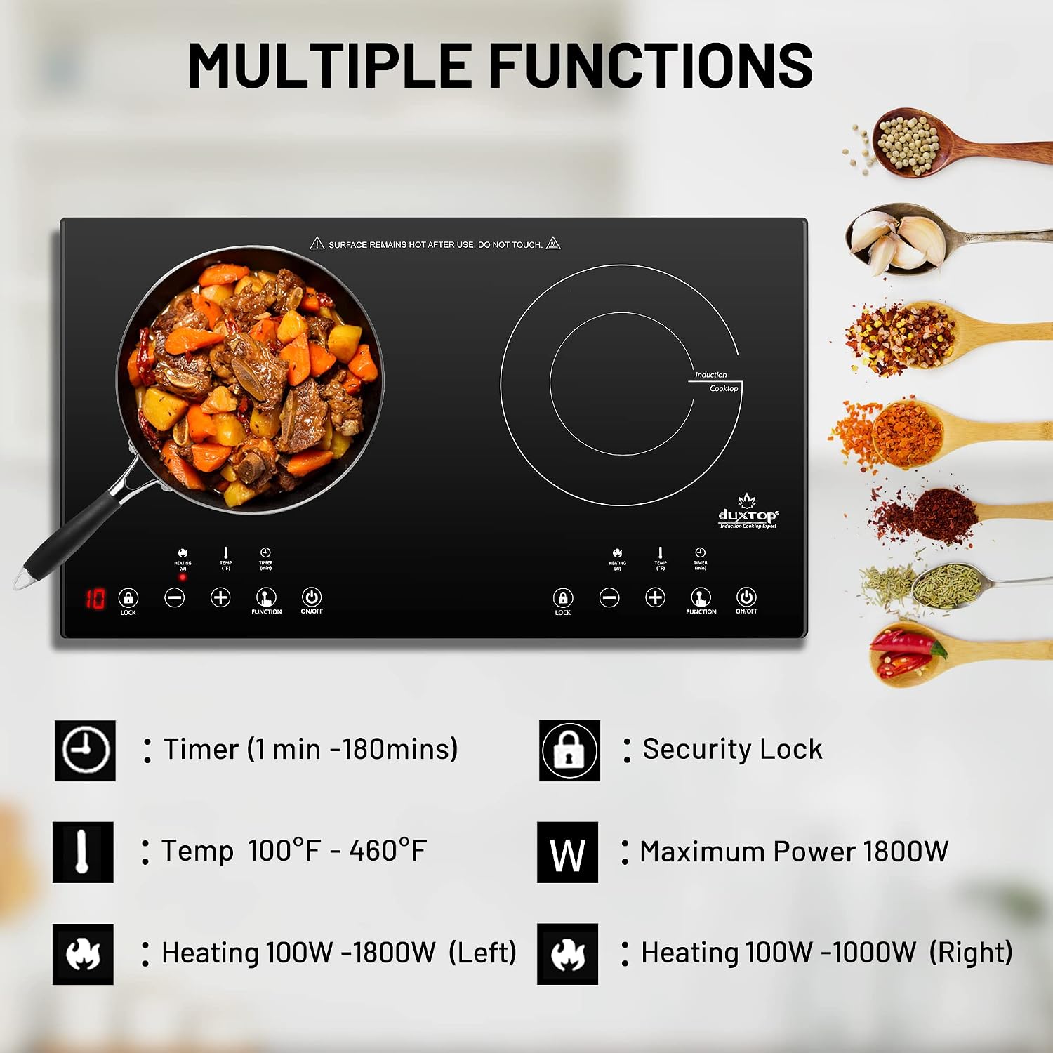 Duxtop 1800W Portable Induction Cooktop 2 Burner, Built-In Countertop Burners with Adjustable Temperature Control, Sensor Touch Induction Burner with Timer and Safety Lock, Easy to Clean, 8620BI/BTK35