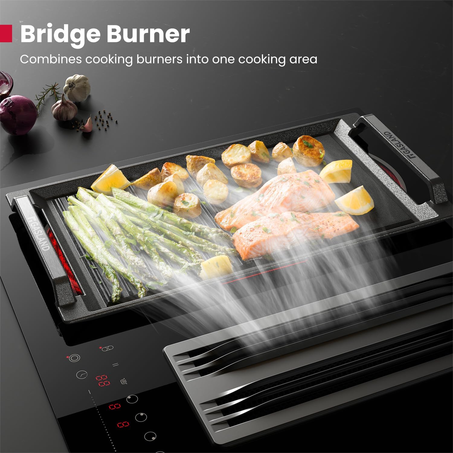 GASLAND Electric Cooktop with Downdraft 31.5 Inch(80cm), 4 Burners Glass Radiant Stovetop 220V, 3-speed Max. 330 CFM Downdraft Exhaust