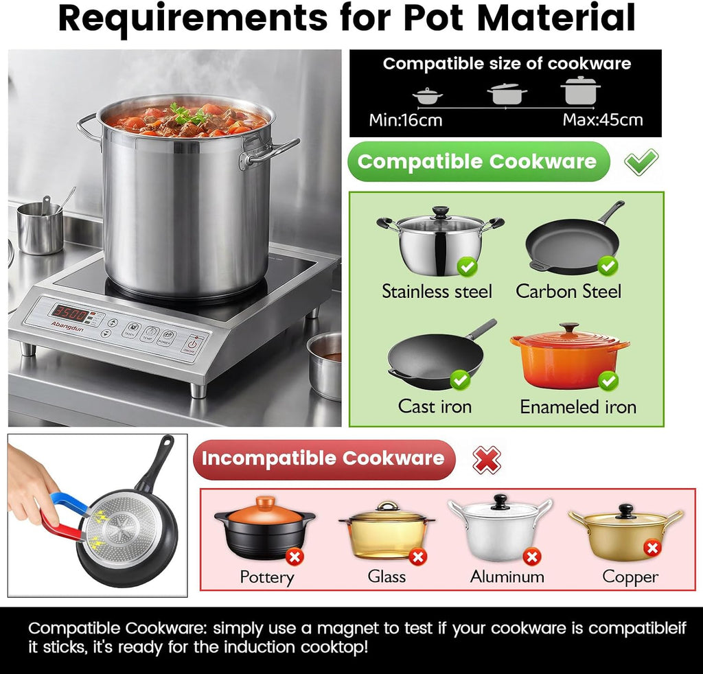 3500W Commercial Induction Cooktop, 208-240V Commercial Induction Burner, Countertop Induction Range & Induction Cooker, Stainless Steel Electric Hot Plate with 9.25-Inch Copper Coil