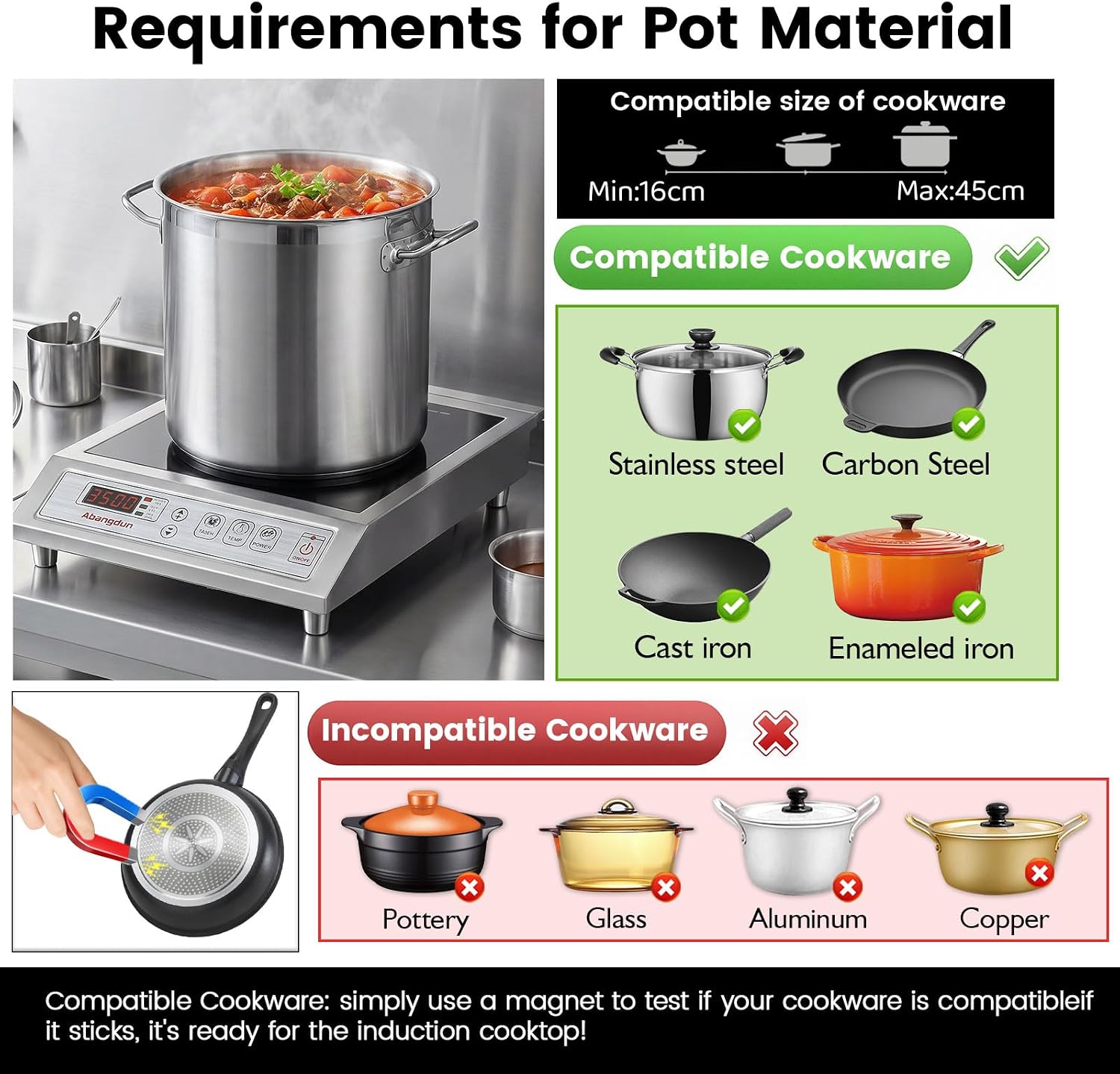 3500W Commercial Induction Cooktop, 208-240V Commercial Induction Burner, Countertop Induction Range & Induction Cooker, Stainless Steel Electric Hot Plate with 9.25-Inch Copper Coil