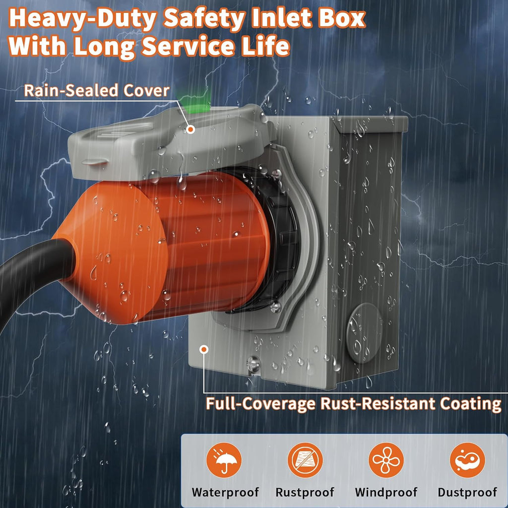 50 Amp Generator Cord and Power Inlet Box 30FT 50 Amp 125V/250V STW 6/3+8/1 AWG Pure Copper Generator Extension Cord,NEMA 14-50P Male to SS2-50R Twist Locking Connector ETL Listed