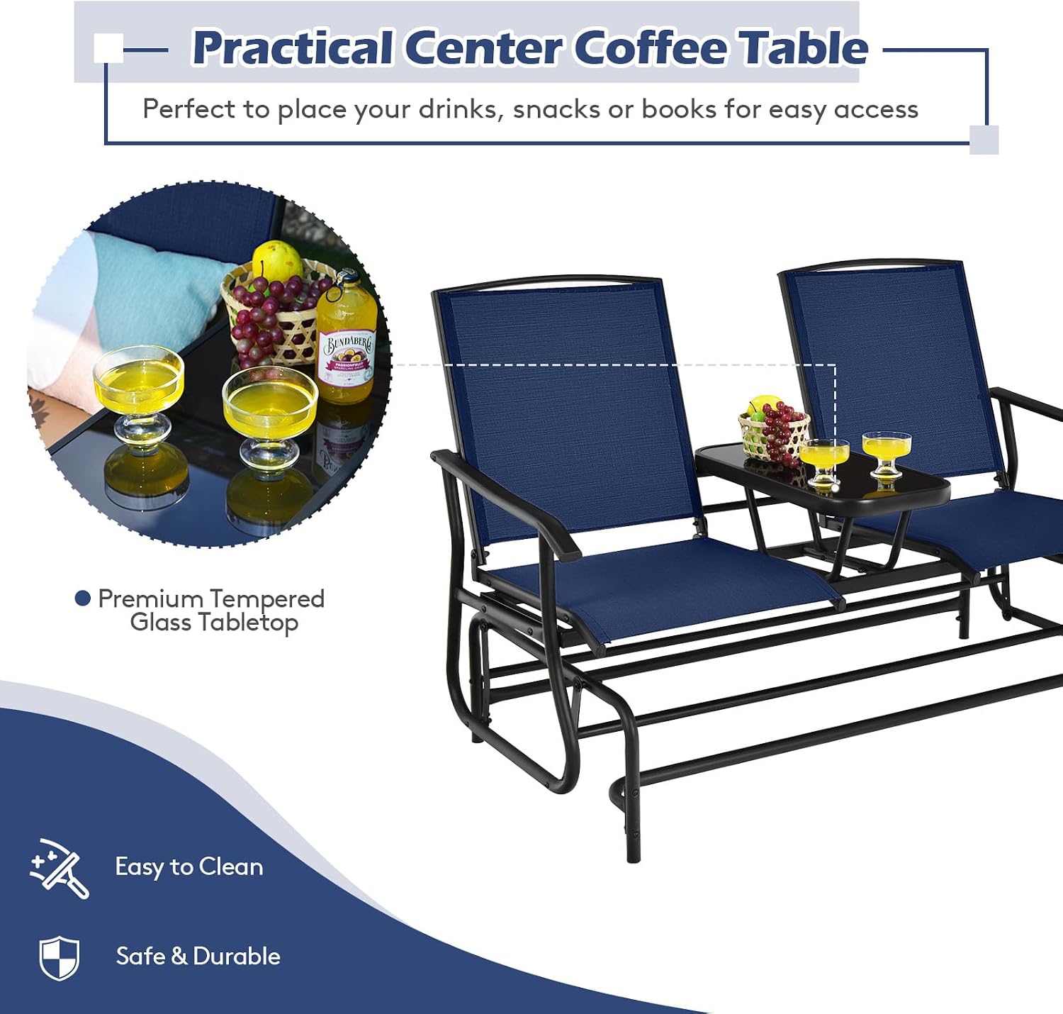 Tangkula 2 Person Swing Glider Chair, Patio Rocking Loveseat w/Center Tempered Glass Table, Outdoor Swing Bench w/Steel Frame & Breathable Mesh Fabric for Porch, Balcony, Poolside (Navy)