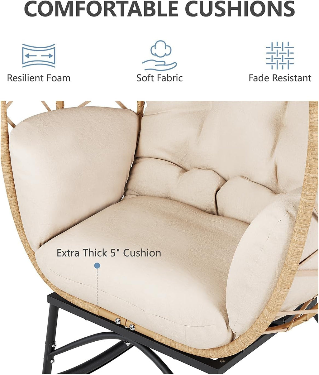 SWITTE Wicker Egg Rocking Chair Outdoor, Oversized Patio Lounge Chairs with Cushion for Indoor Living Room, Bedroom, Outside Backyard Balcony-Beige