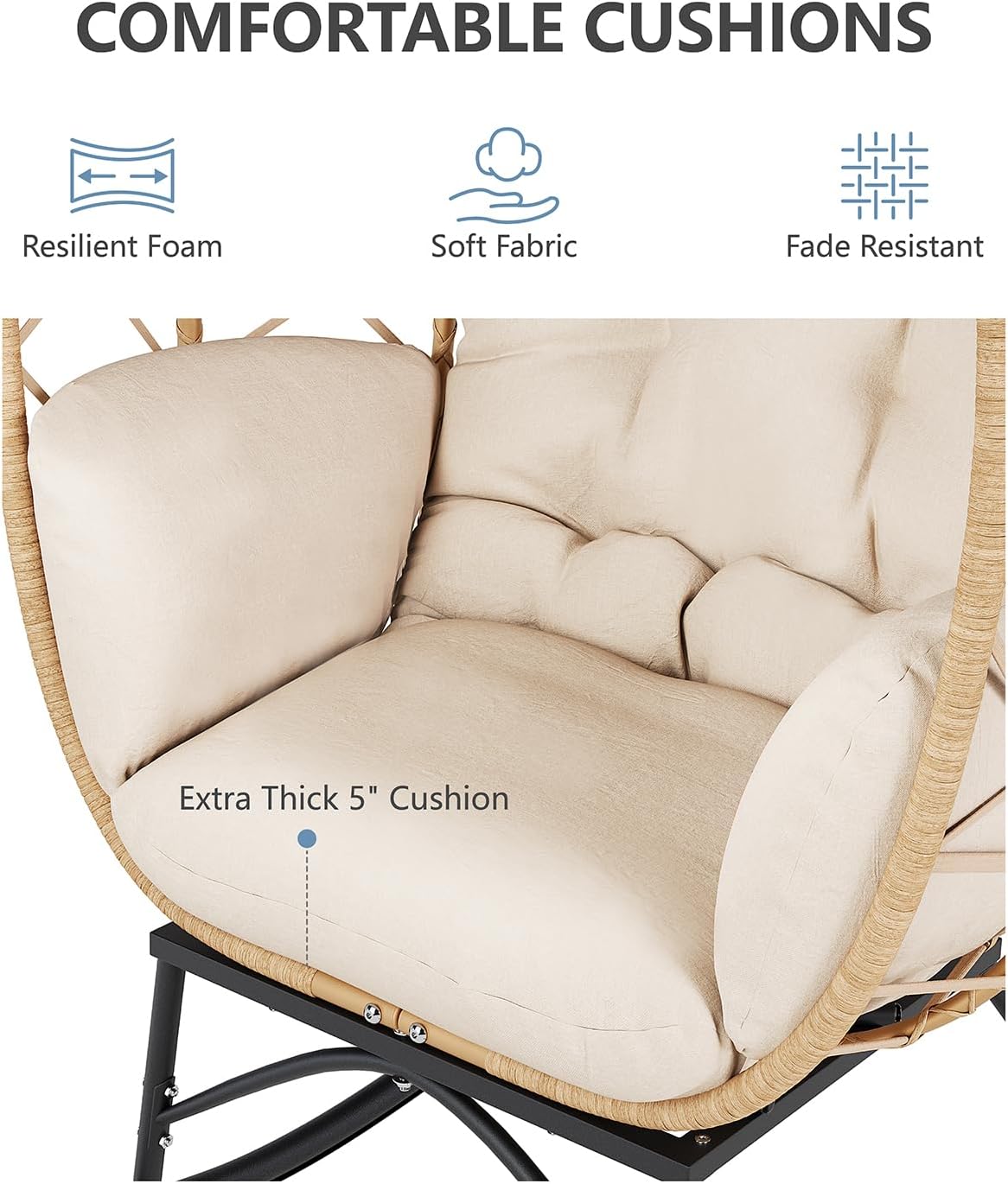 SWITTE Wicker Egg Rocking Chair Outdoor, Oversized Patio Lounge Chairs with Cushion for Indoor Living Room, Bedroom, Outside Backyard Balcony-Beige