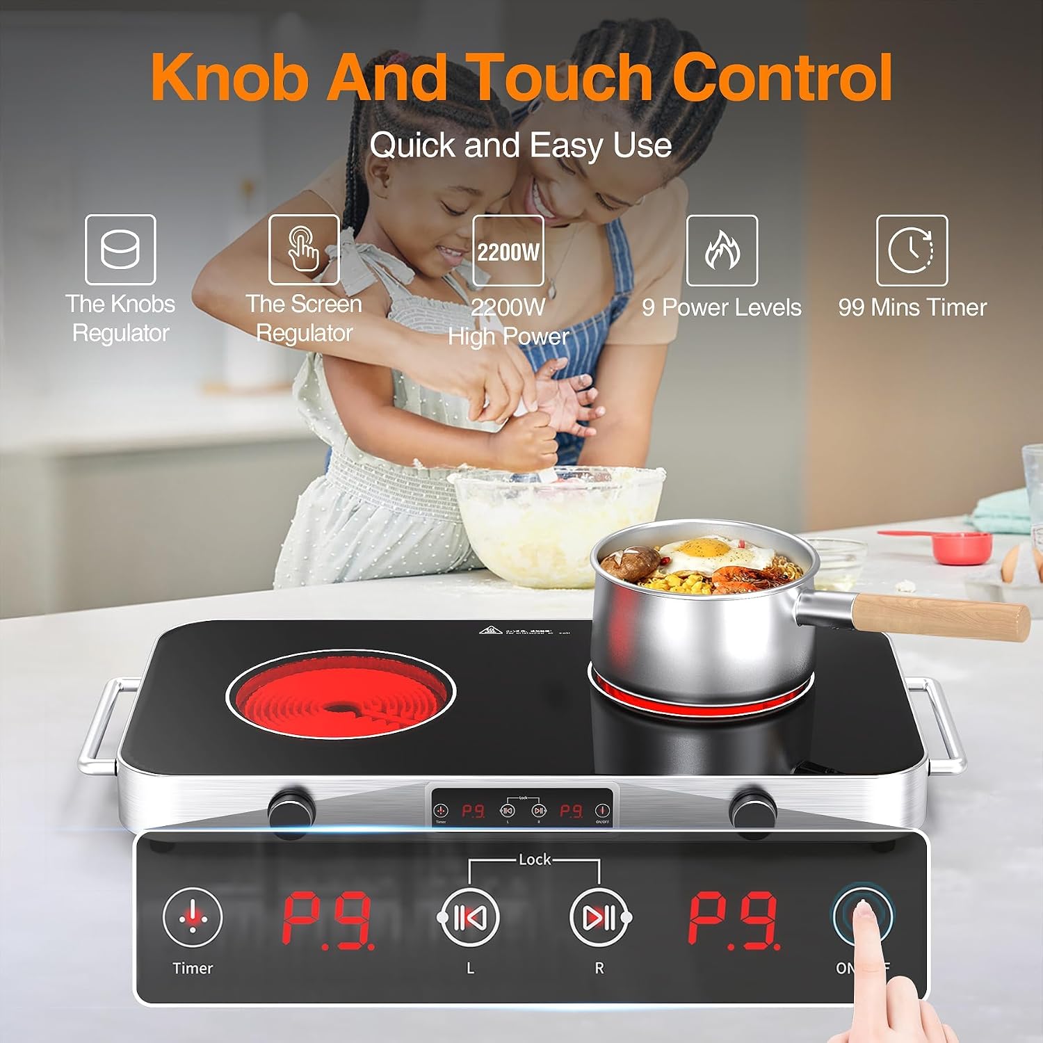 VBGK Cooktop,110V 2200W Stove with Knob Control,9 Power Levels, Kids Lock & Timer,LED touch control,Overheat Protection Stove Top,12 Inch desktop 2 burner cooktop
