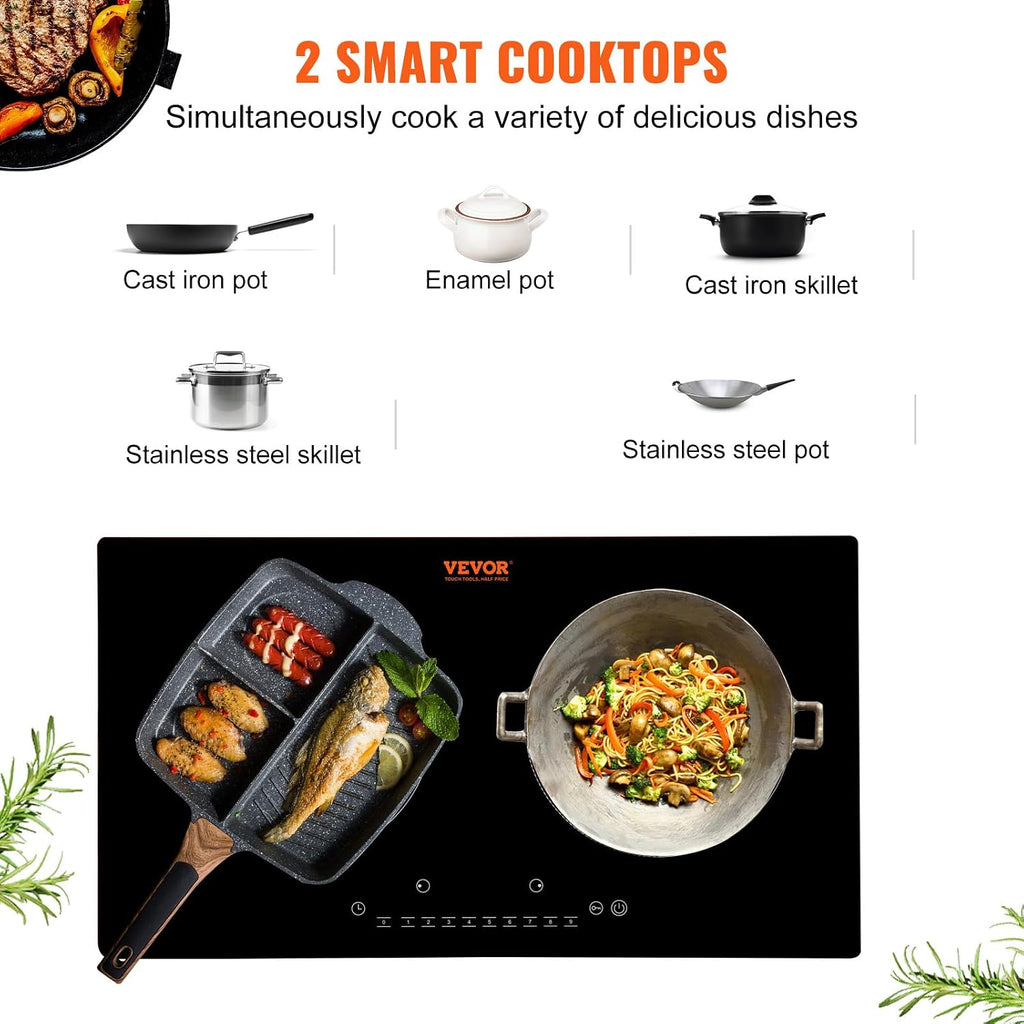 VEVOR Electric Cooktop, 2 Burners, 24'' Induction Stove Top, Built-in Magnetic Cooktop 1800W, 9 Heating Level Multifunctional Burner, LED Touch Screen w/Child Lock & Over-Temperature Protection