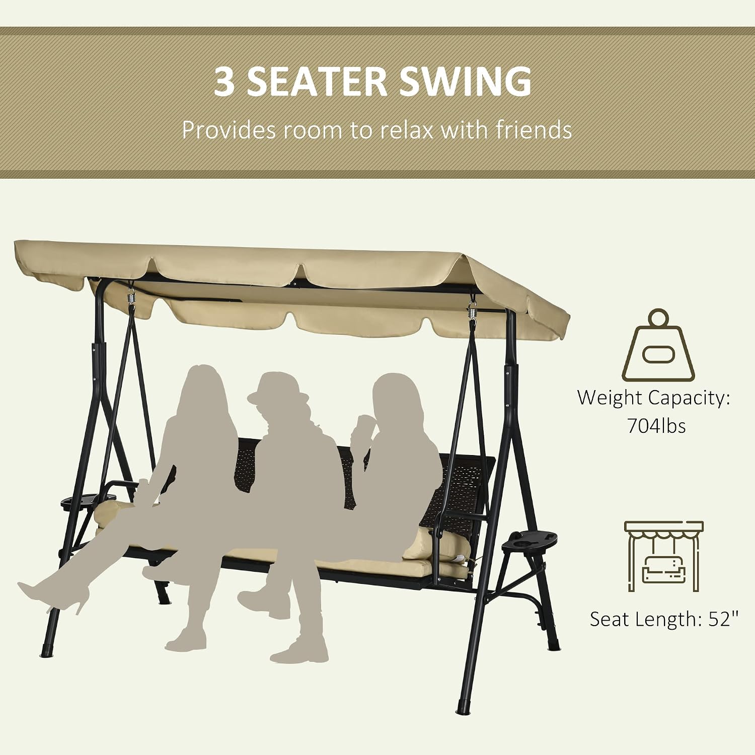 Outsunny 3-Seat Patio Swing Chair, Swing Bench for Outside w/Adjustable Shade, Removable Cushion and Rattan Seat, for Garden, Porch, Backyard, Poolside