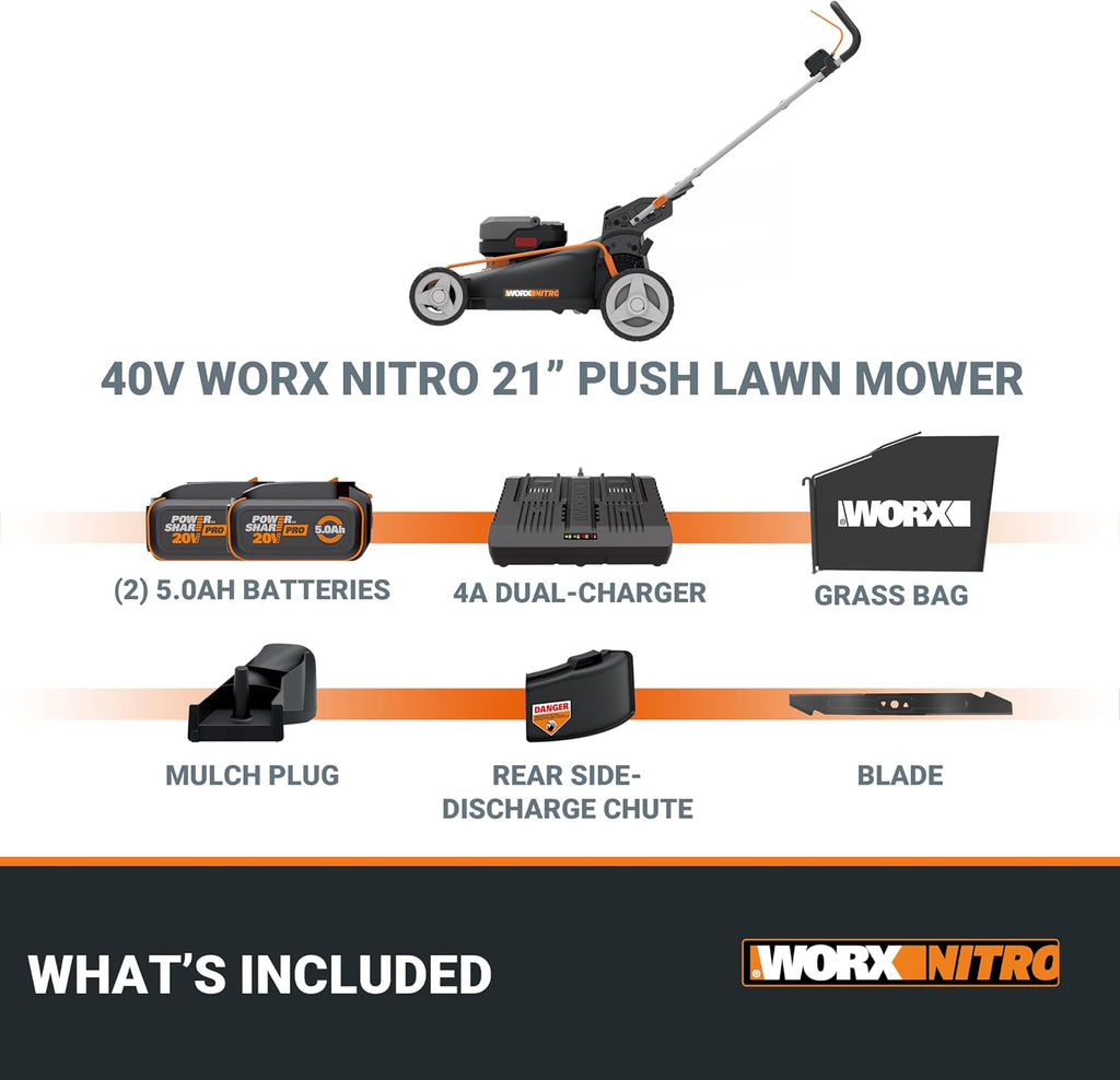 WORX Nitro 21' Cordless Lawn Mower, Brushless Electric Mower for 1/2 Acre, Push Lawn Mower with 7-Position Height Adjustment, 2 × 5.0 Ah Batteries & Charger Included, WG752