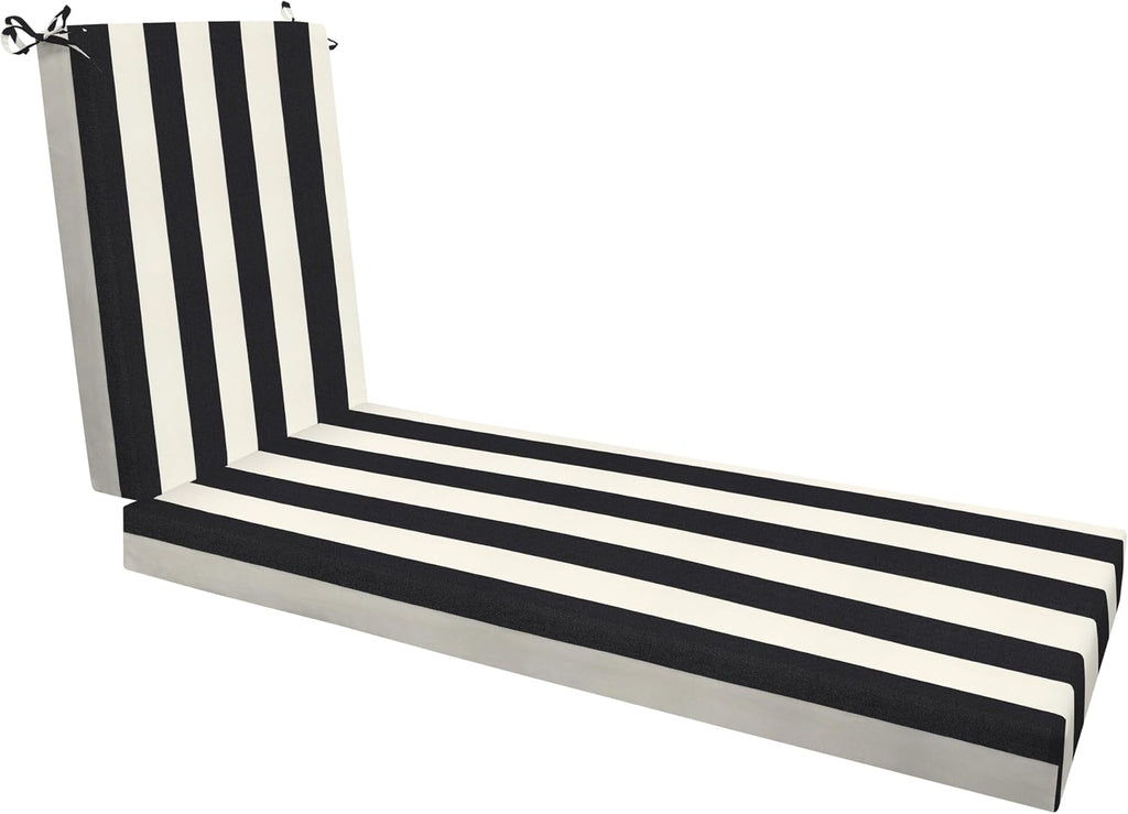 Honeycomb Outdoor Chaise Lounge Cushion for Patio Furniture, Water & Fade Resistant, Removable Cover, 23 x 75, Heritage Cabana Stripe Black and Ivory