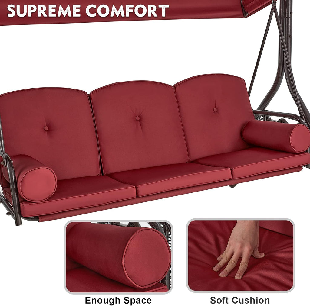 HOMREST 3 Seat Outdoor Porch Swing with Adjustable Canopy, Convertible Patio Swing Bed with Stand, Patio Glider Swing with Upgraded Cup Holder, Thicken Cushions ＆ Pillow for Backyard(Wine Red)