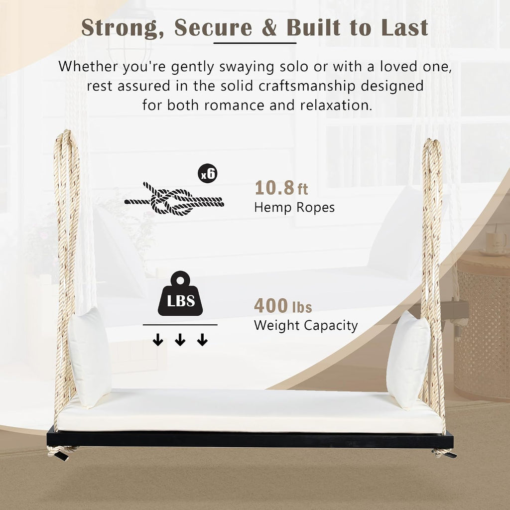 YOPTO Acacia Wood Porch Swing Bench with Cushion & Pillows, 63' Outdoor Hanging Bench for 2 Adults, Rustic Heavy Duty 10.8ft Ropes Swing Daybed for Patio Backyard Garden, White