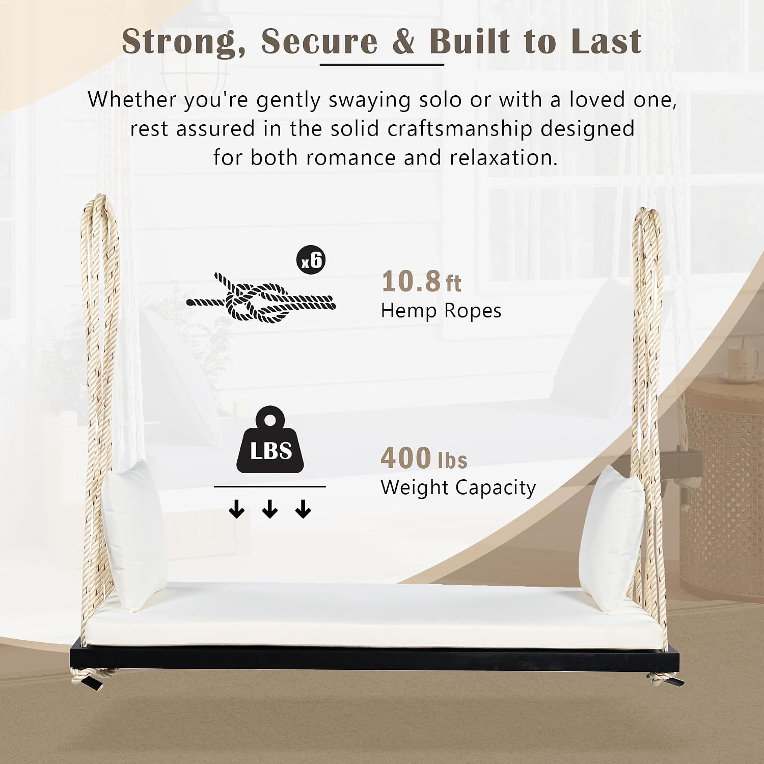 YOPTO Acacia Wood Porch Swing Bench with Cushion & Pillows, 63' Outdoor Hanging Bench for 2 Adults, Rustic Heavy Duty 10.8ft Ropes Swing Daybed for Patio Backyard Garden, White