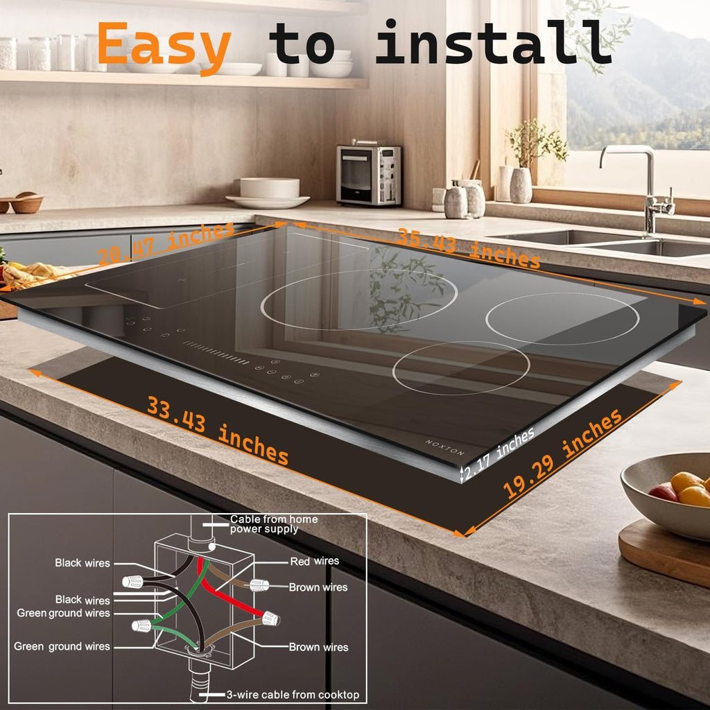 Noxton 36 Inch Induction Cooktop, 5 Burners Electric Cooktop, Upgraded Induction Stovetop with Flex Zone, Power Boost, Pause, 9 Power Levels, Child Safety Lock, Timer, 220-240V Hard wire