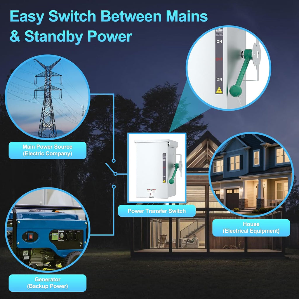 200A Generator Transfer Switch, 24000/48000/90000W General-Duty Double-Throw Safety Switch, 120/240/450V Manual Transfer Switch with Arc Extinguishing Cover, NEMA 3R Standards for Indoor/Outdoor Use