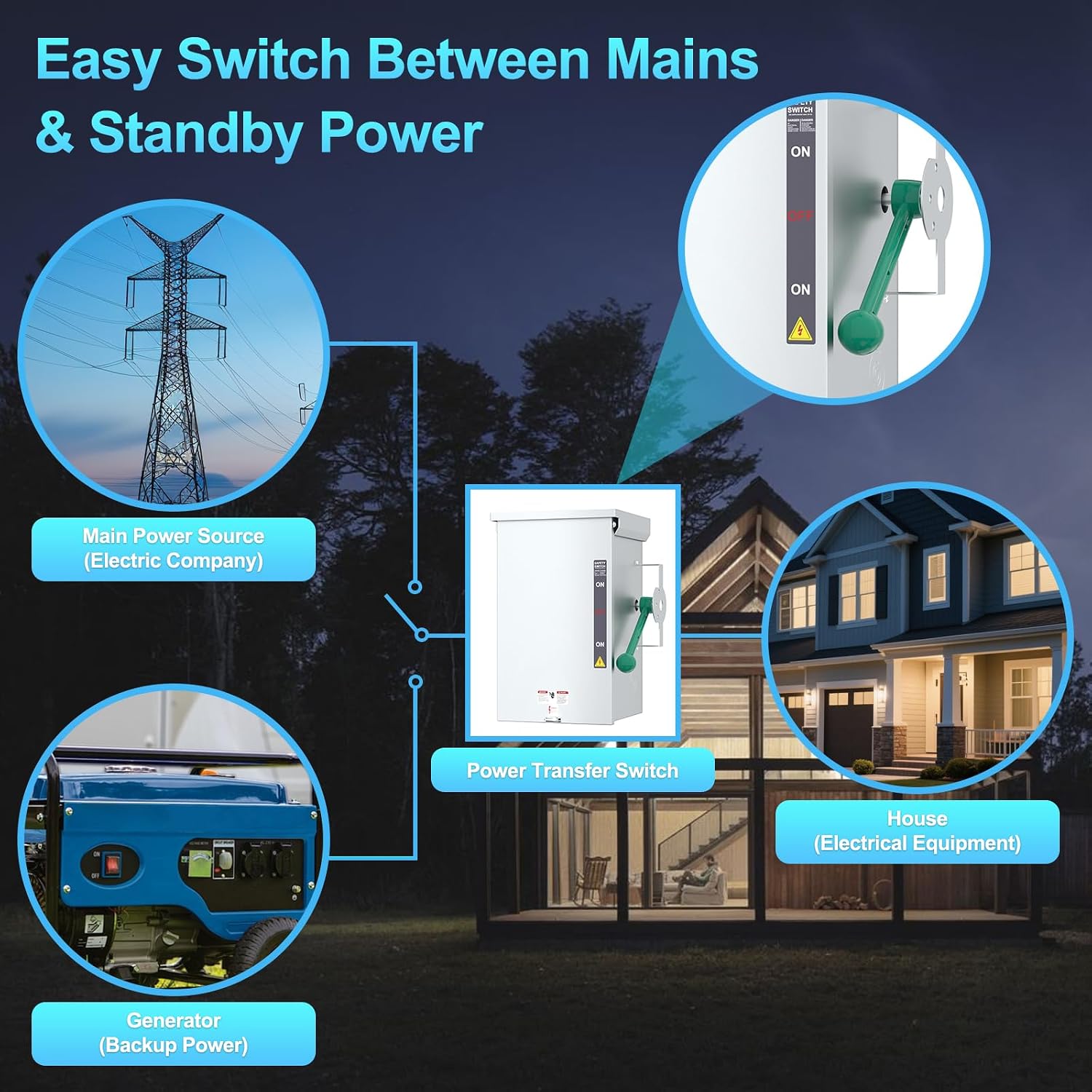 200A Generator Transfer Switch, 24000/48000/90000W General-Duty Double-Throw Safety Switch, 120/240/450V Manual Transfer Switch with Arc Extinguishing Cover, NEMA 3R Standards for Indoor/Outdoor Use