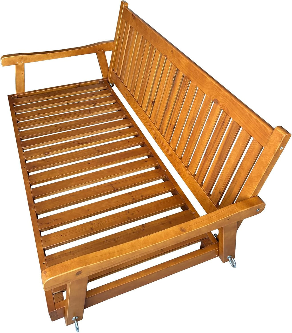 6 FT Wooden Porch Swing Bed with Thick Cushion – Outdoor Hanging Daybed for Patio or Porch, Solid Fir Wood Frame, Weather-Resistant, Heavy Duty 1000 LBS (Teak Tone)