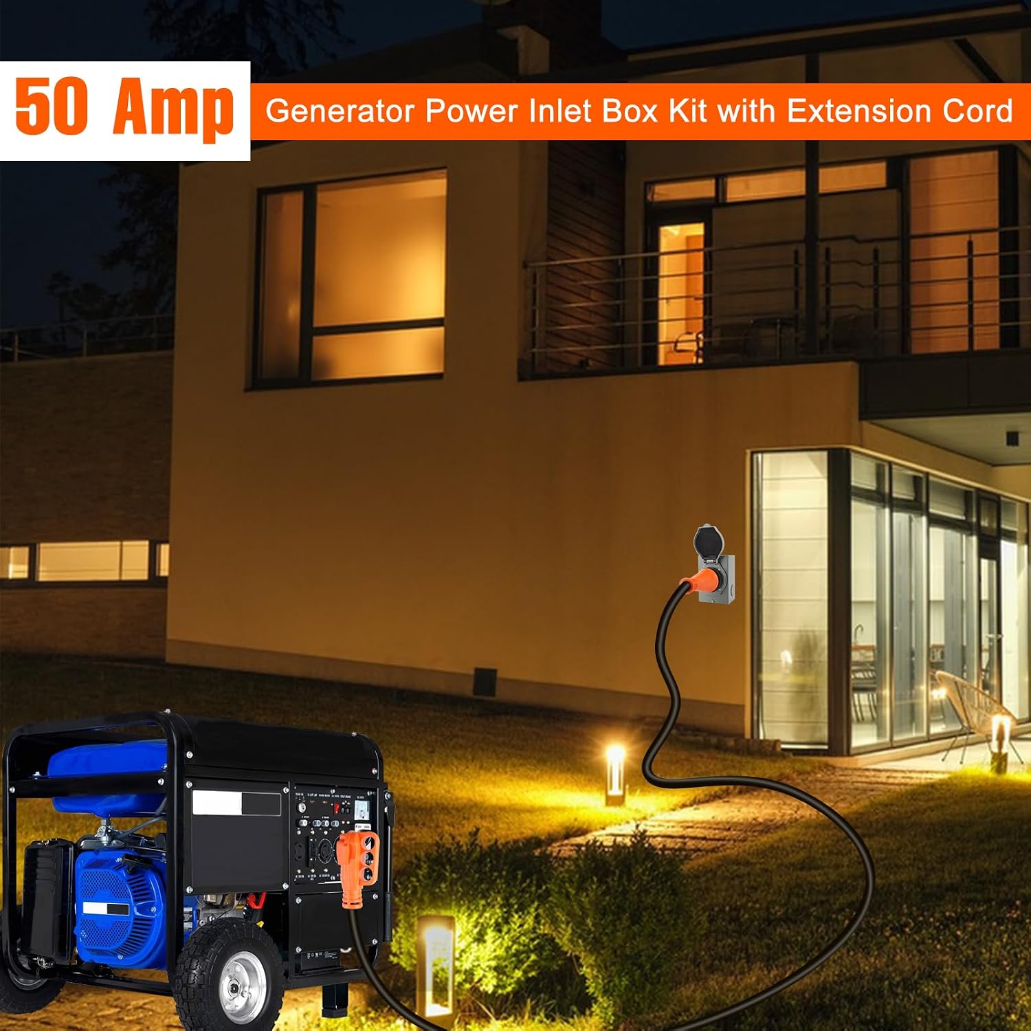 50 Amp 25FT Generator Cord and 50 Amp Power Inlet Box for Home, NEMA 14-50P SS2-50R STW 6/3+8/1 AWG Generator Cable and NEMA SS2-50P Pre-Drilled Inlet Box for Generator to House, ETL Listed
