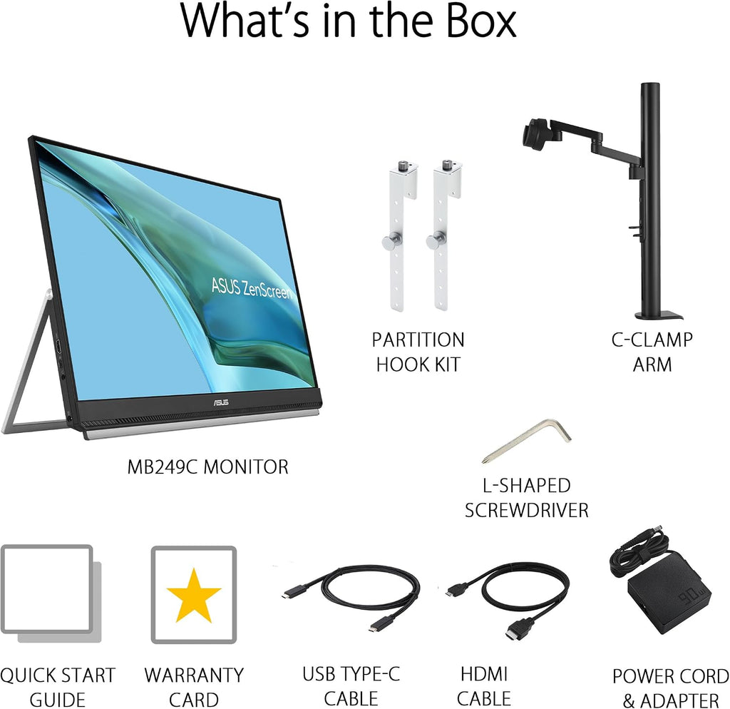 ASUS ZenScreen 24' (23.8' viewable) 1080P Portable USB-C Monitor (MB249C) - FHD, IPS, Eye Care, Speakers, Multi-Stand Design, Kickstand, C-clamp Arm, Partition Hook, Carrying Handle, WFH Monitor
