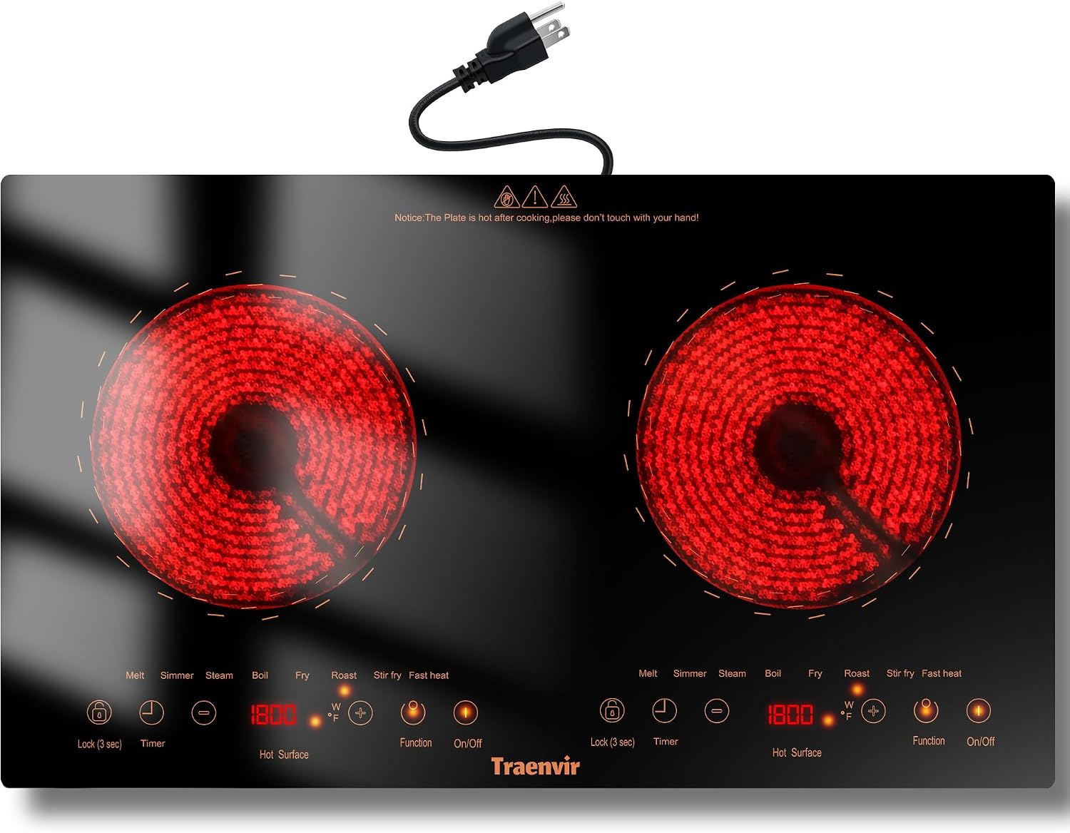 2 Burner Electric Cooktop, Two Burner Electric Stove 24 Inch, 2000W Countertop & Built-in Ceramic Cooktop for Camping, Outdoor, Child Lock, Timer, 8 Power Levels, 110V-120V Plug in, Orange
