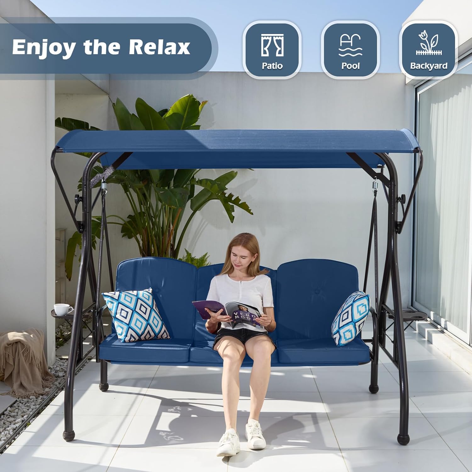 ZZW 800LBS Patio Swing with Canopy 3 Seat Outdoor Porch Swing with Stand w/Cup Holder & Pillow Glider Chair Swing Bed for Patio Backyard Poolside (Blue)