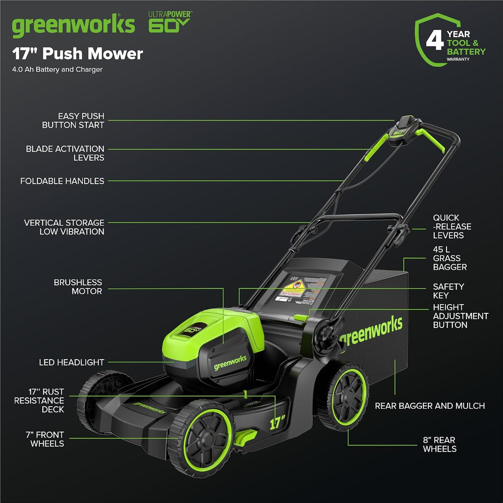 Greenworks 60V 17' Brushless (Push) Mower + 60V (610 CFM) Brushless Blower, 4.0Ah Battery and 3A Charger