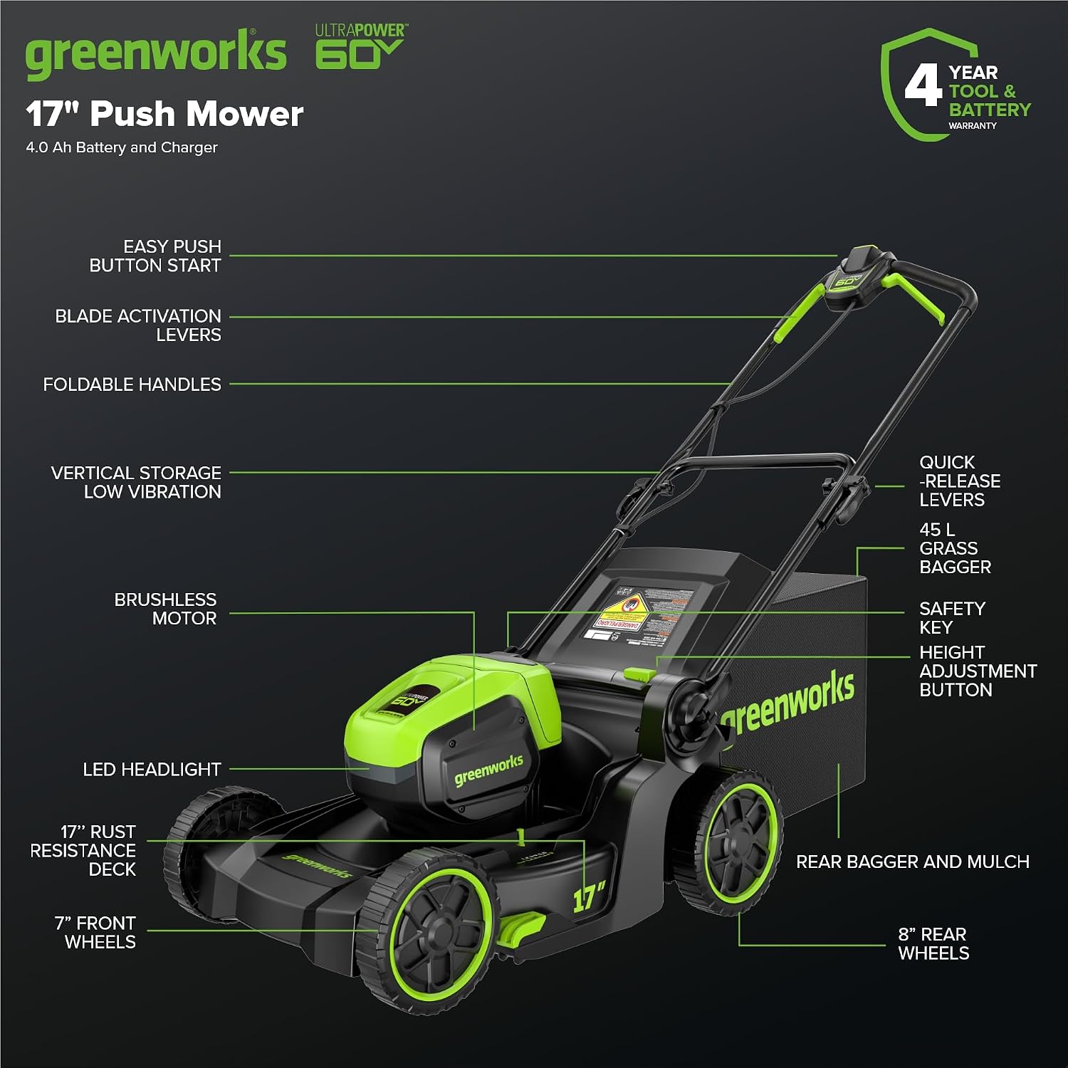 Greenworks 60V 17' Brushless (Push) Mower + 60V (610 CFM) Brushless Blower, 4.0Ah Battery and 3A Charger