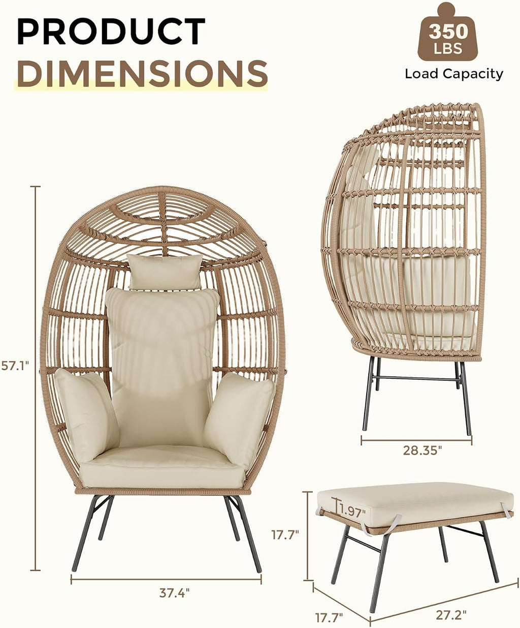 GAOMON Oversize Wicker Egg Chair with 4 Comfy Cushions, Big Egg Shaped Lounger with Ottoman, Rattan Reading Chairs for Indoor Outdoor Patio Porch Backyard, Beige