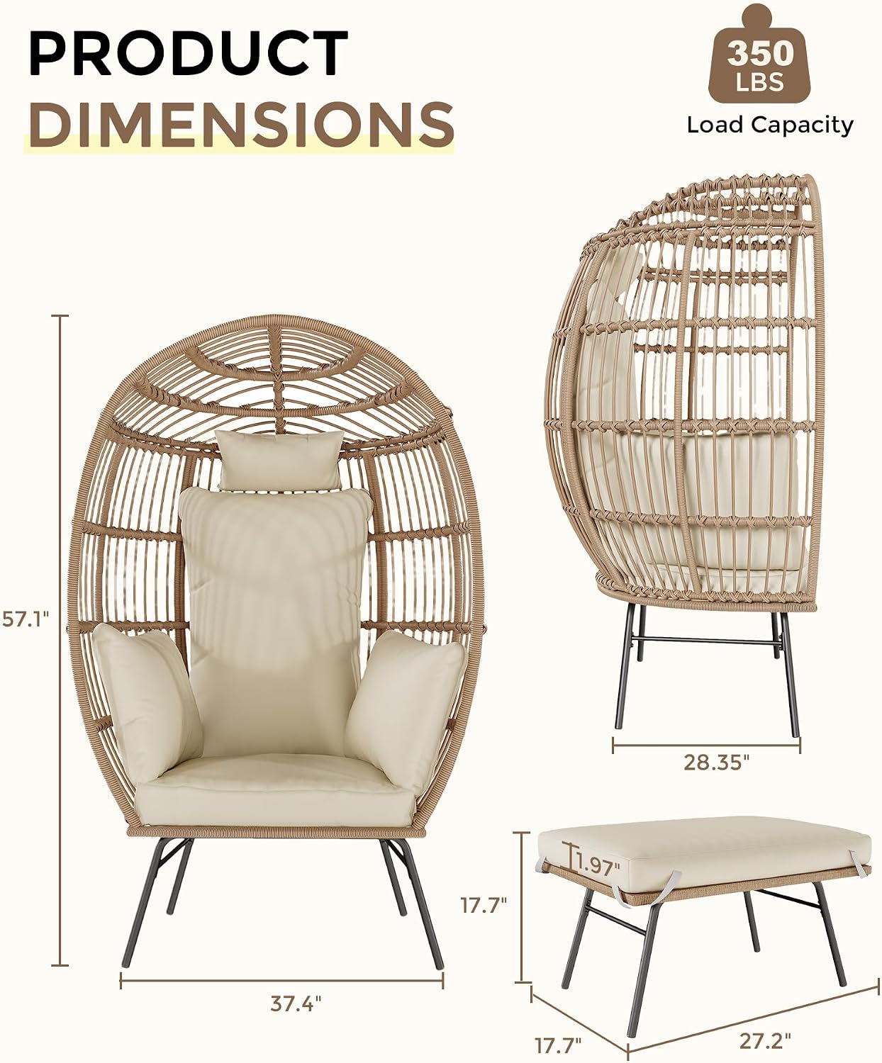 GAOMON Oversize Wicker Egg Chair with 4 Comfy Cushions, Big Egg Shaped Lounger with Ottoman, Rattan Reading Chairs for Indoor Outdoor Patio Porch Backyard, Beige