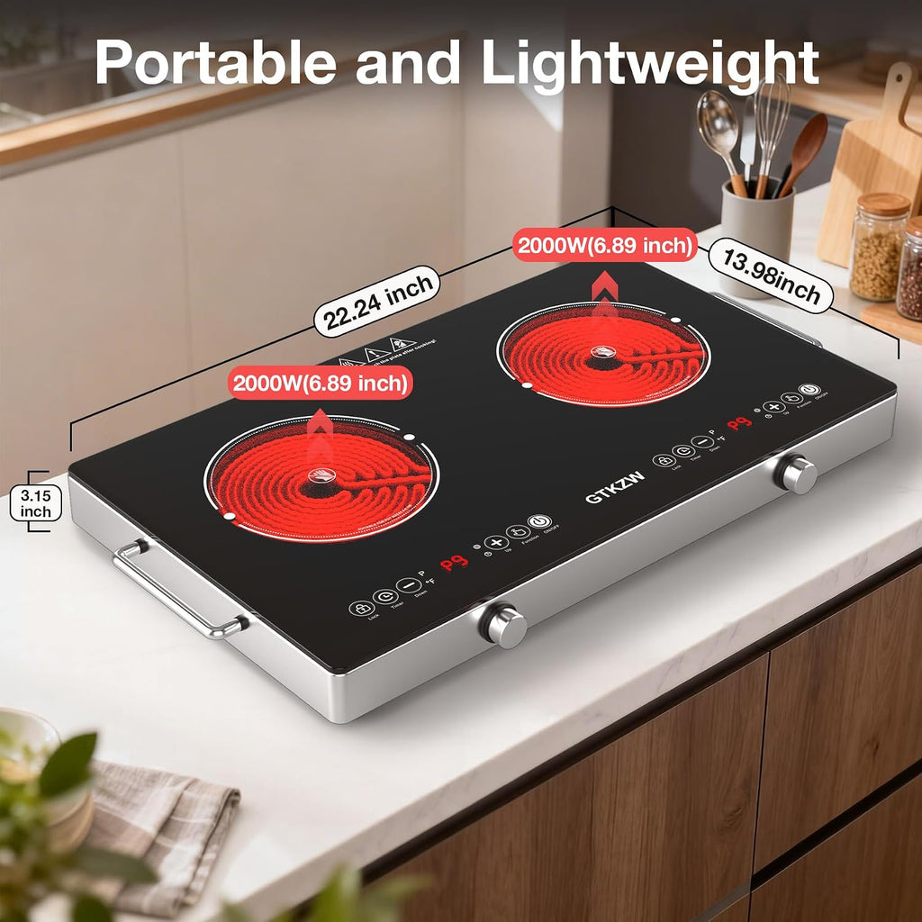 4000w Electric Cooktop 2 Burners, 23'' Electric Stove Top 110v with Plug in, GTKZW Knob Control Countertop & Built-in Ceramic Cooktop, 9 Power Levels, Child Lock, Timer, Over-Heat Protection
