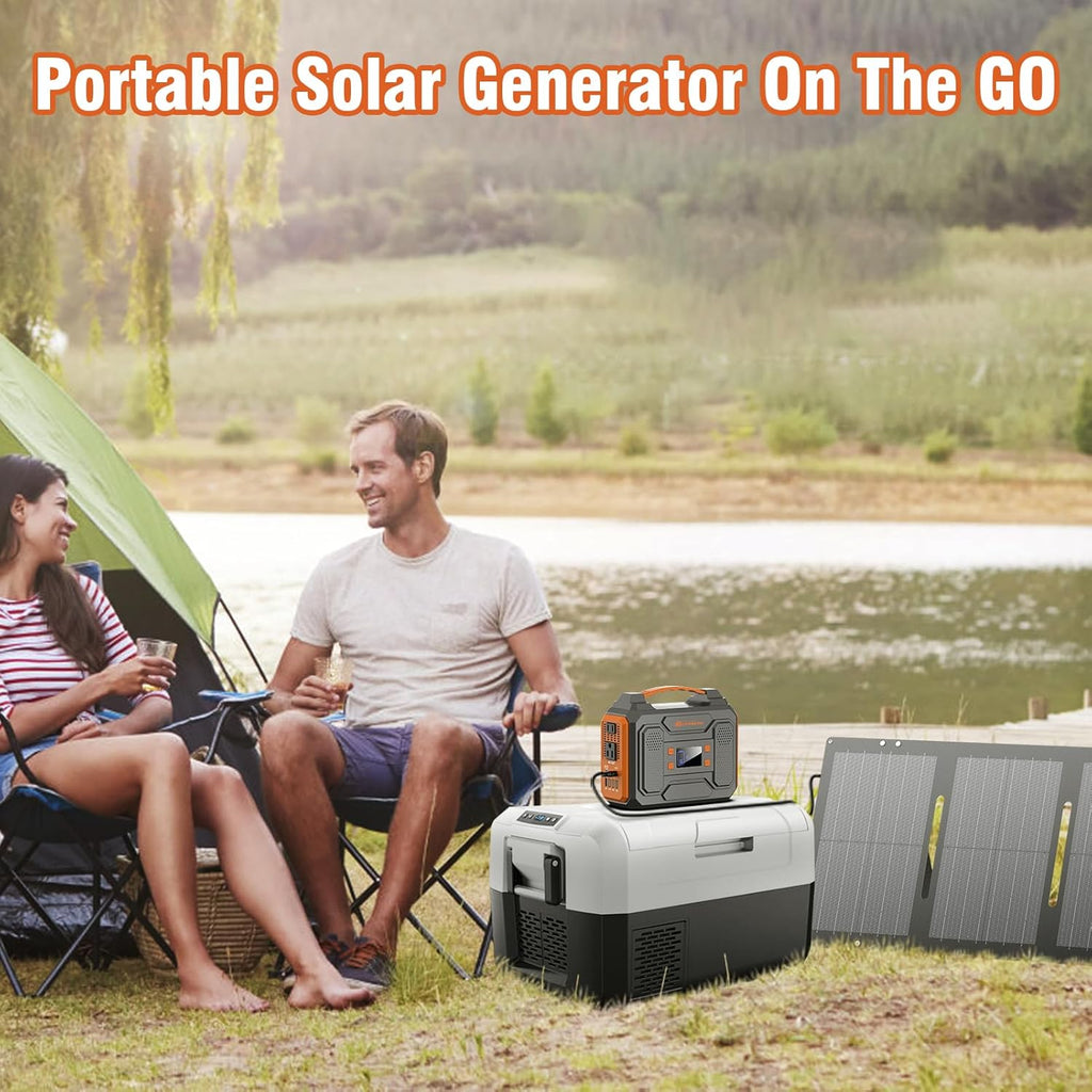Portable Solar Generator 300W Power Station with Foldable 60W Solar Panel, Portable Power Bank 65W with DC AC Outlet 110V for Laptop Smart Device Home RV Outdoor Hiking Camping Adventure