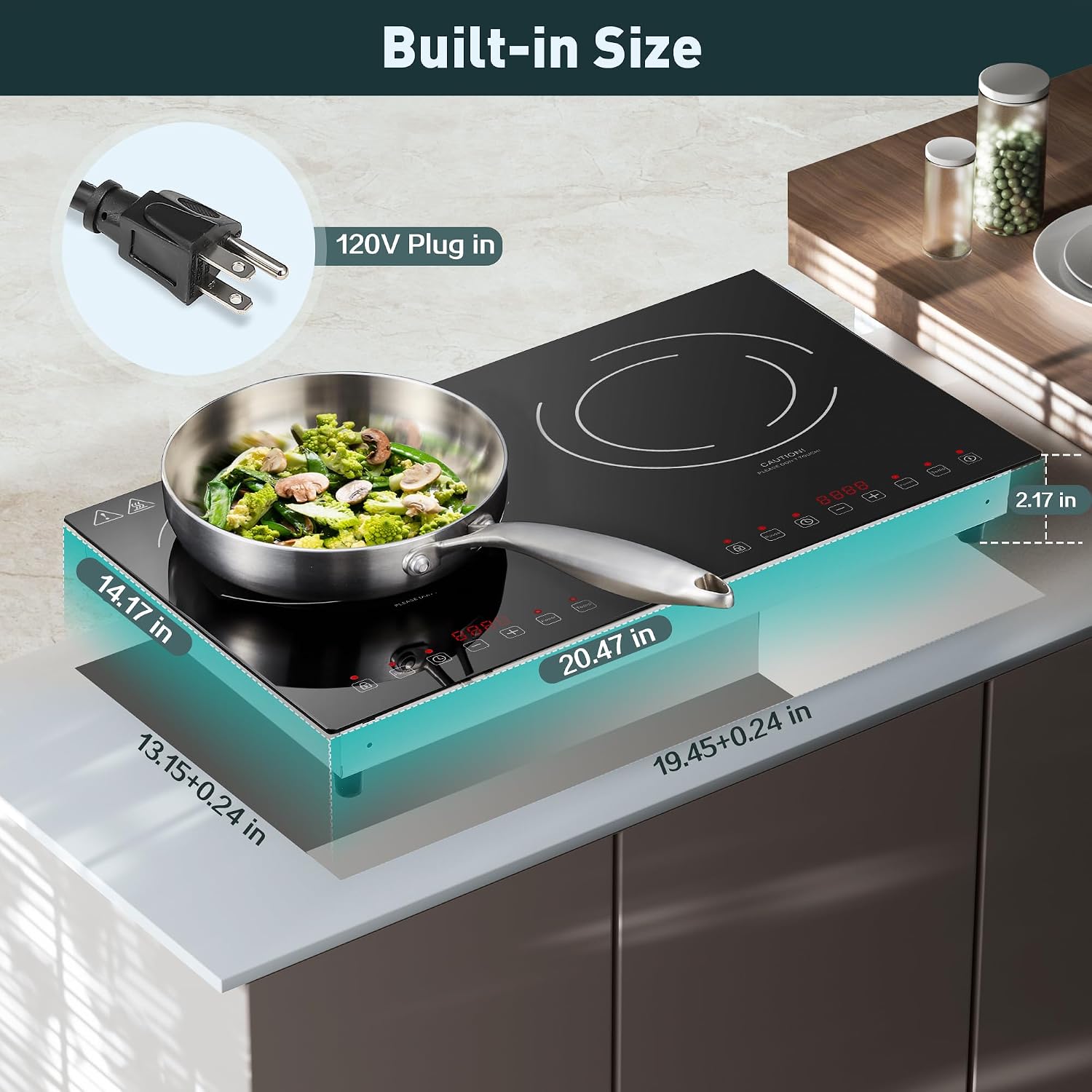 Induction Cooktop with 2 Burners, Horizontal Electric Stove, Built-In Induction Cooker, 1800W Sensor Touch Electric Cooktop, 9 Power Levels, Timer, Safety Lock, 120V, 20 Inch